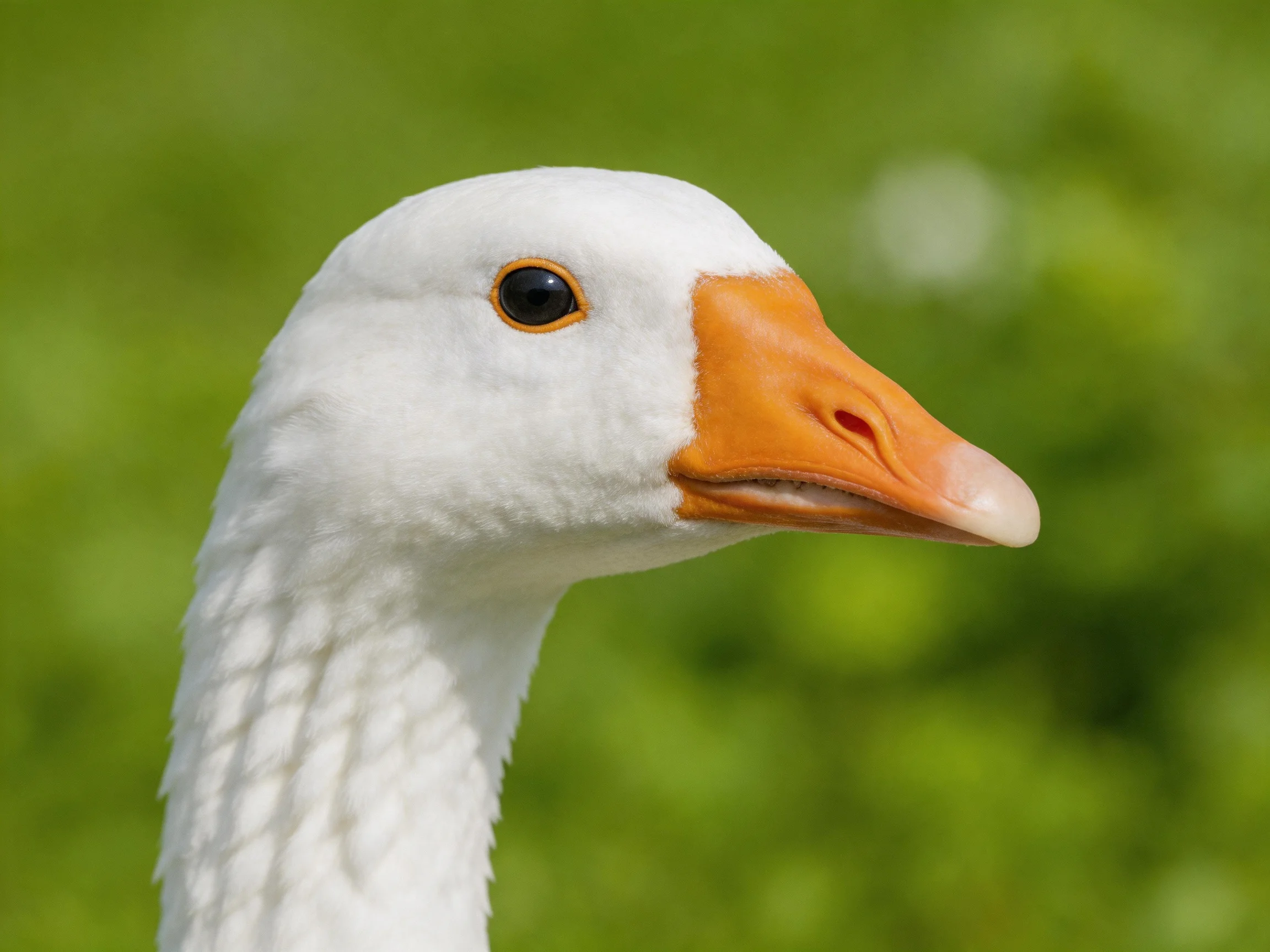 A close - up of a white goose with an orange beak against blurred green foliage