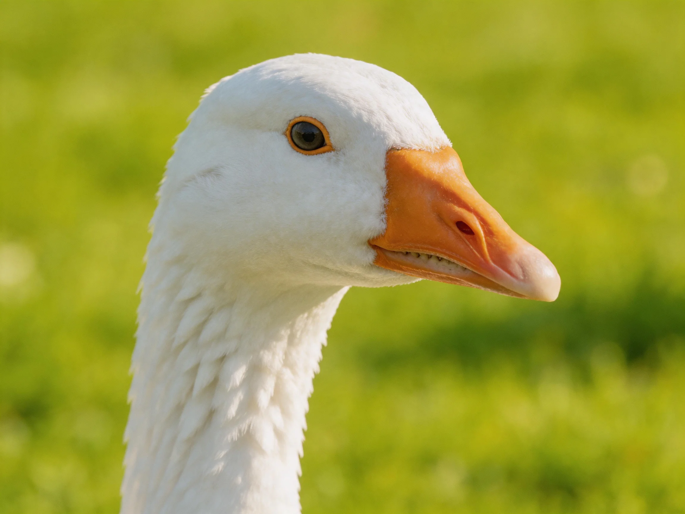 A close - up of a white goose with an orange beak against green foliage