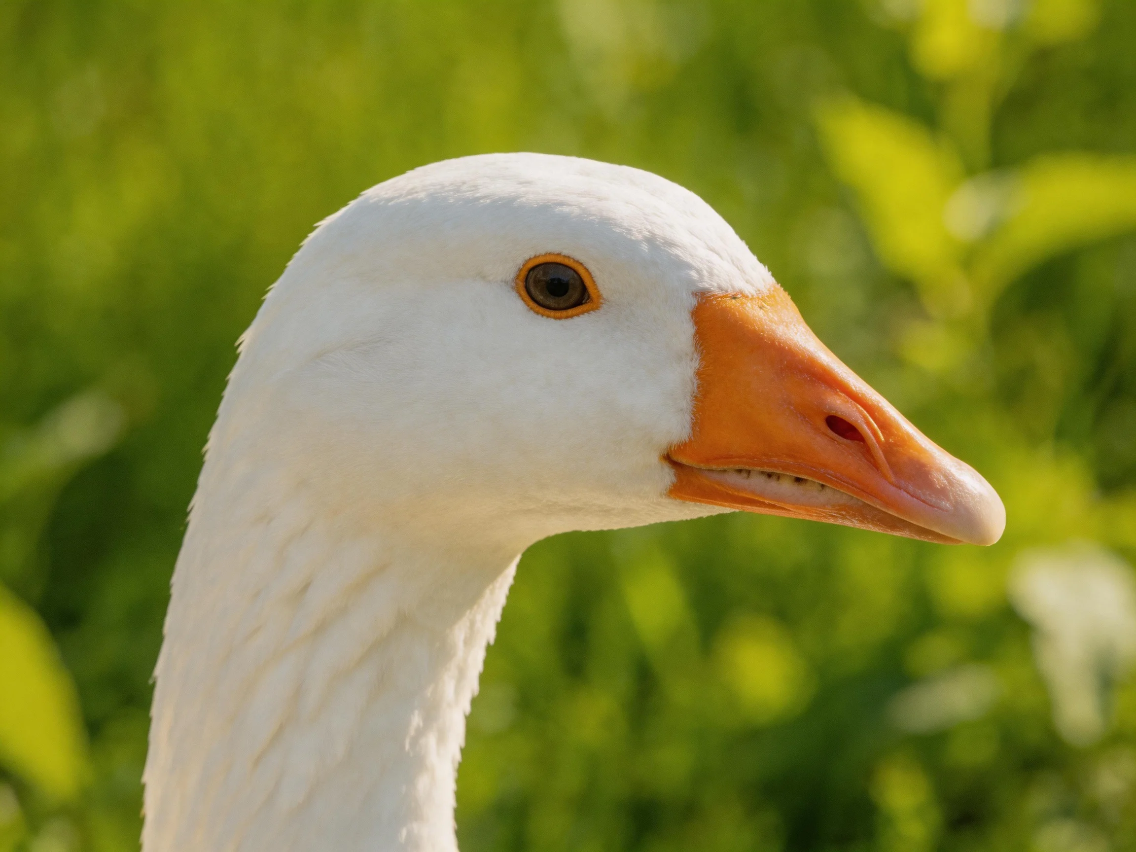 A close - up of a white goose with an orange beak amid green foliage
