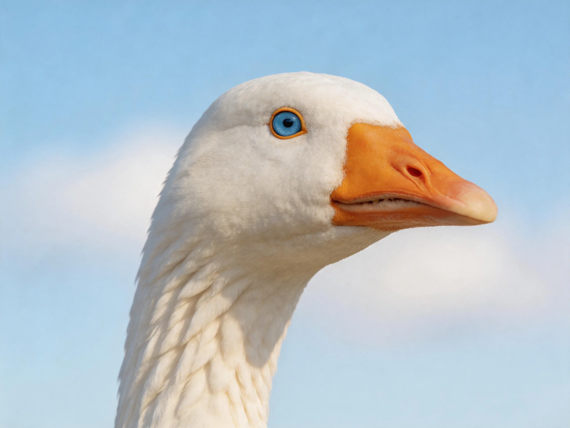 A close - up of a white goose with an orange beak and blue eye
