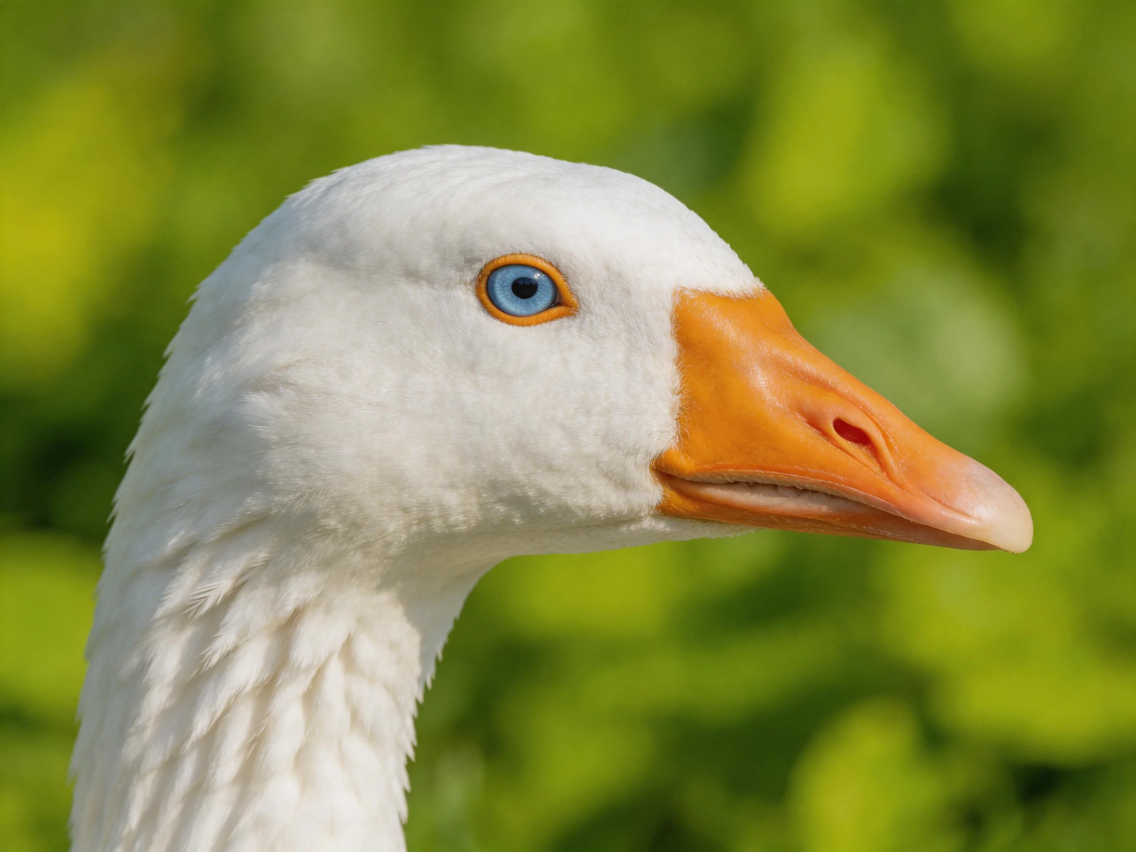 A close-up of a white goose with an orange beak and blue eye against green foliage