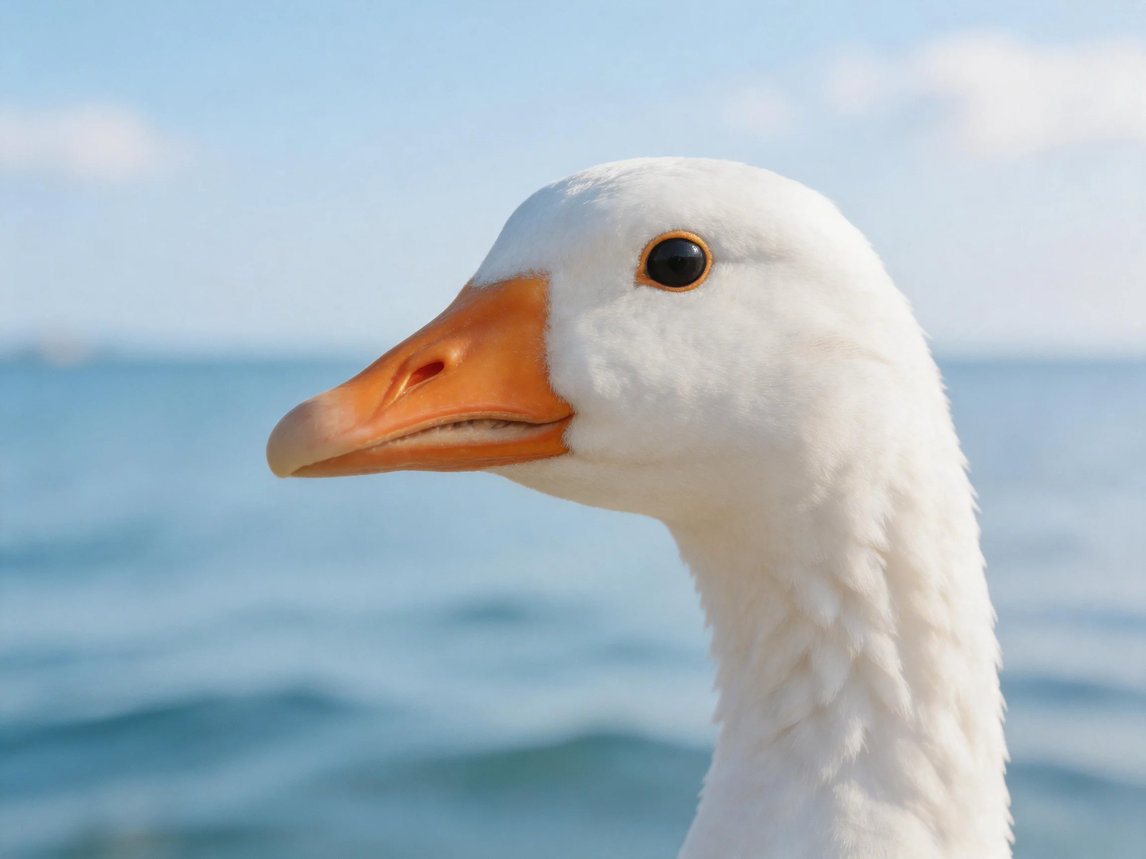 A close - up of a white goose with an orange beak by calm blue waters