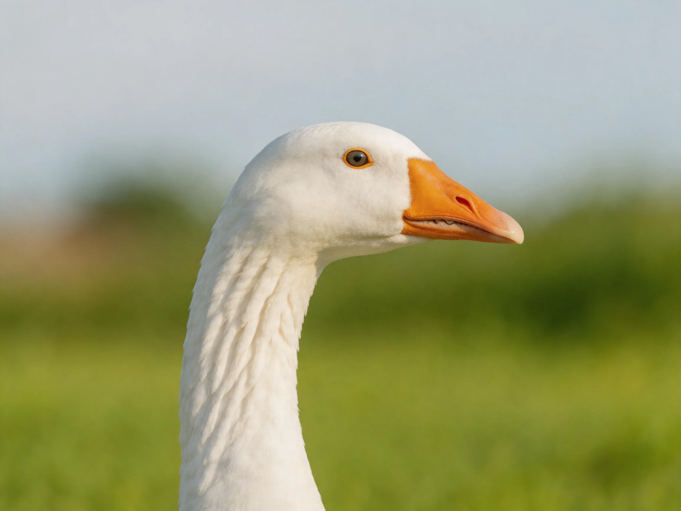 A close-up of a white goose with an orange beak in a green field