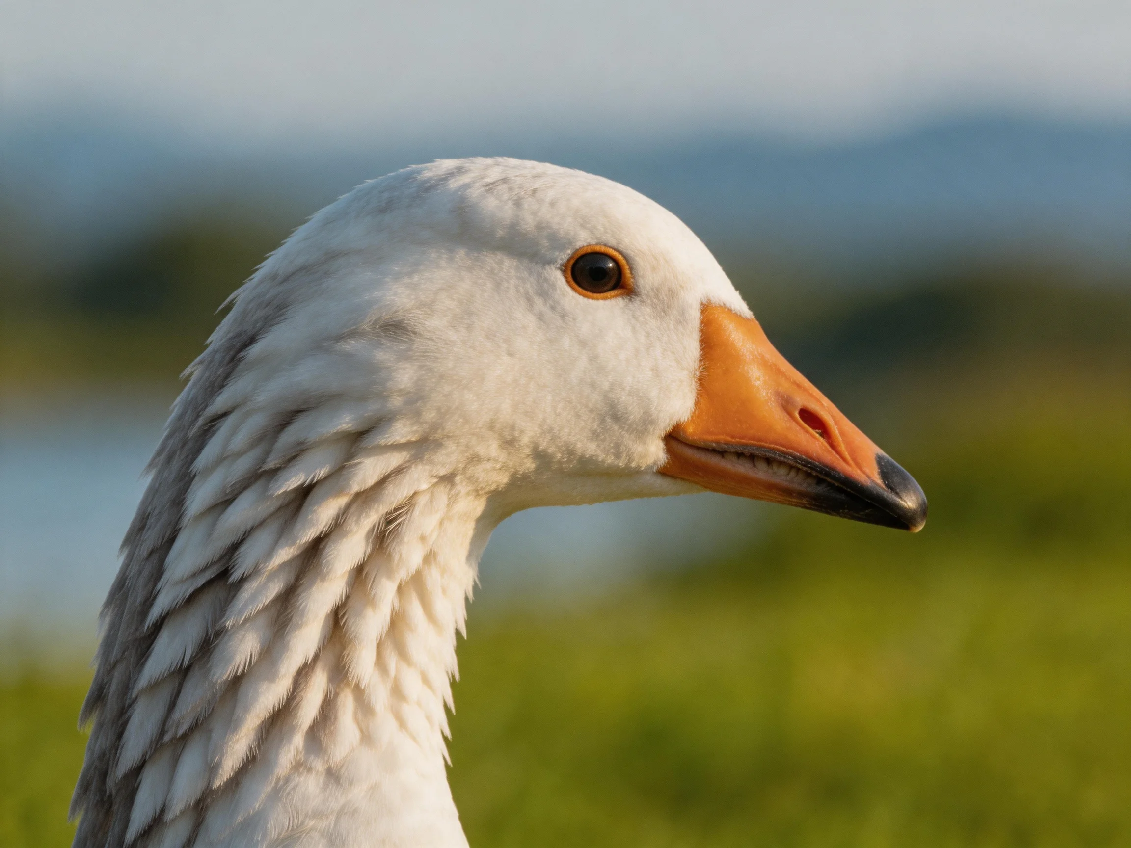 A close - up of a white goose with an orange beak near blurred greenery