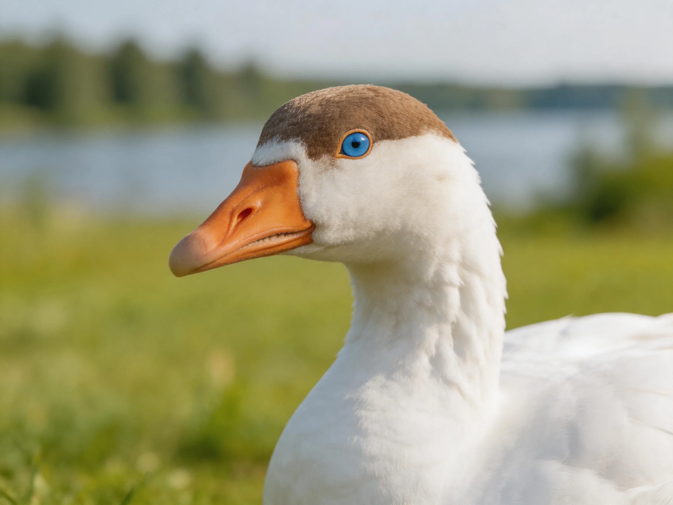 A close - up of a white goose with brown head, orange beak, near green field
