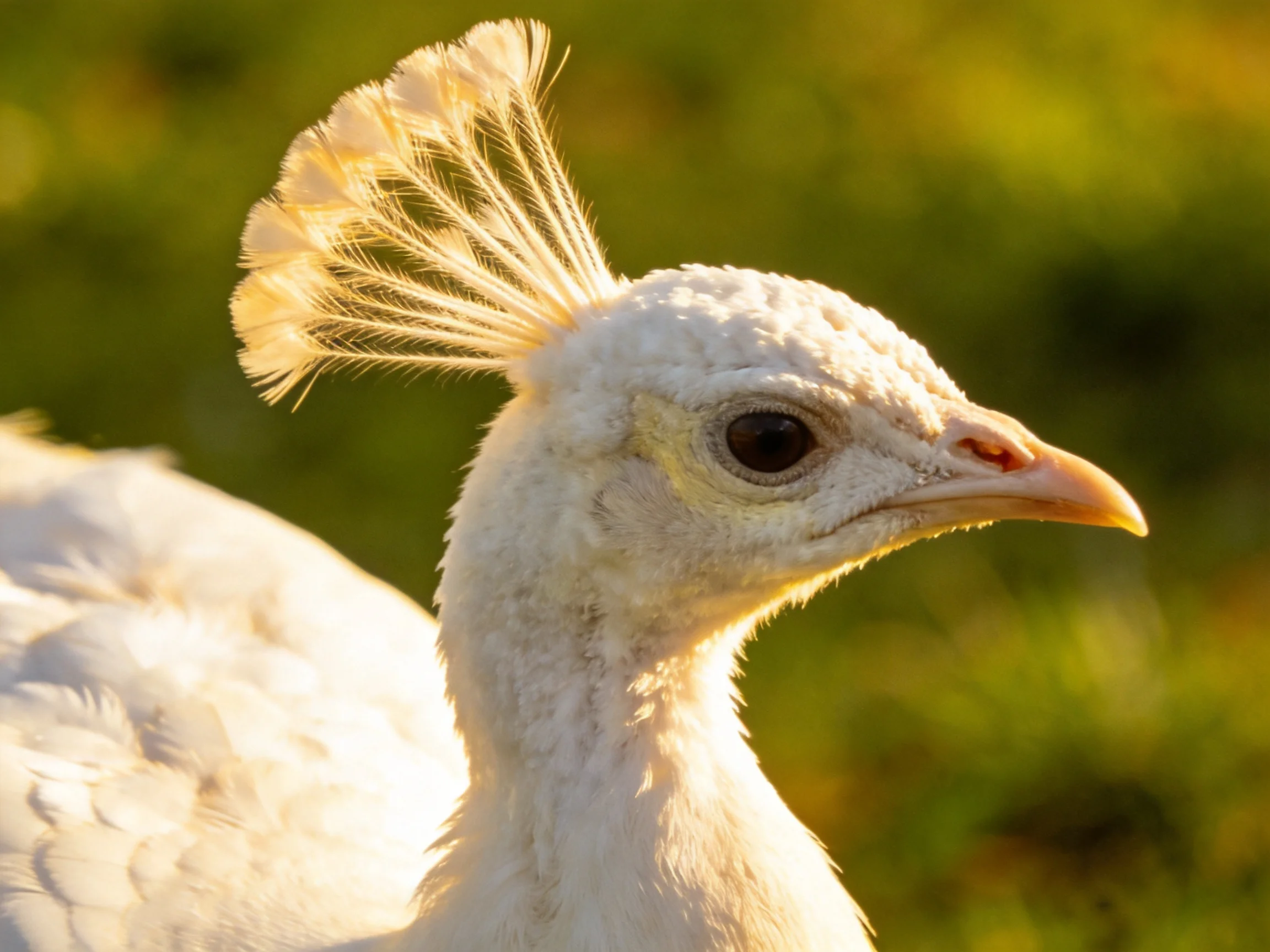 A close - up of a white peacock showing its golden crested feathers