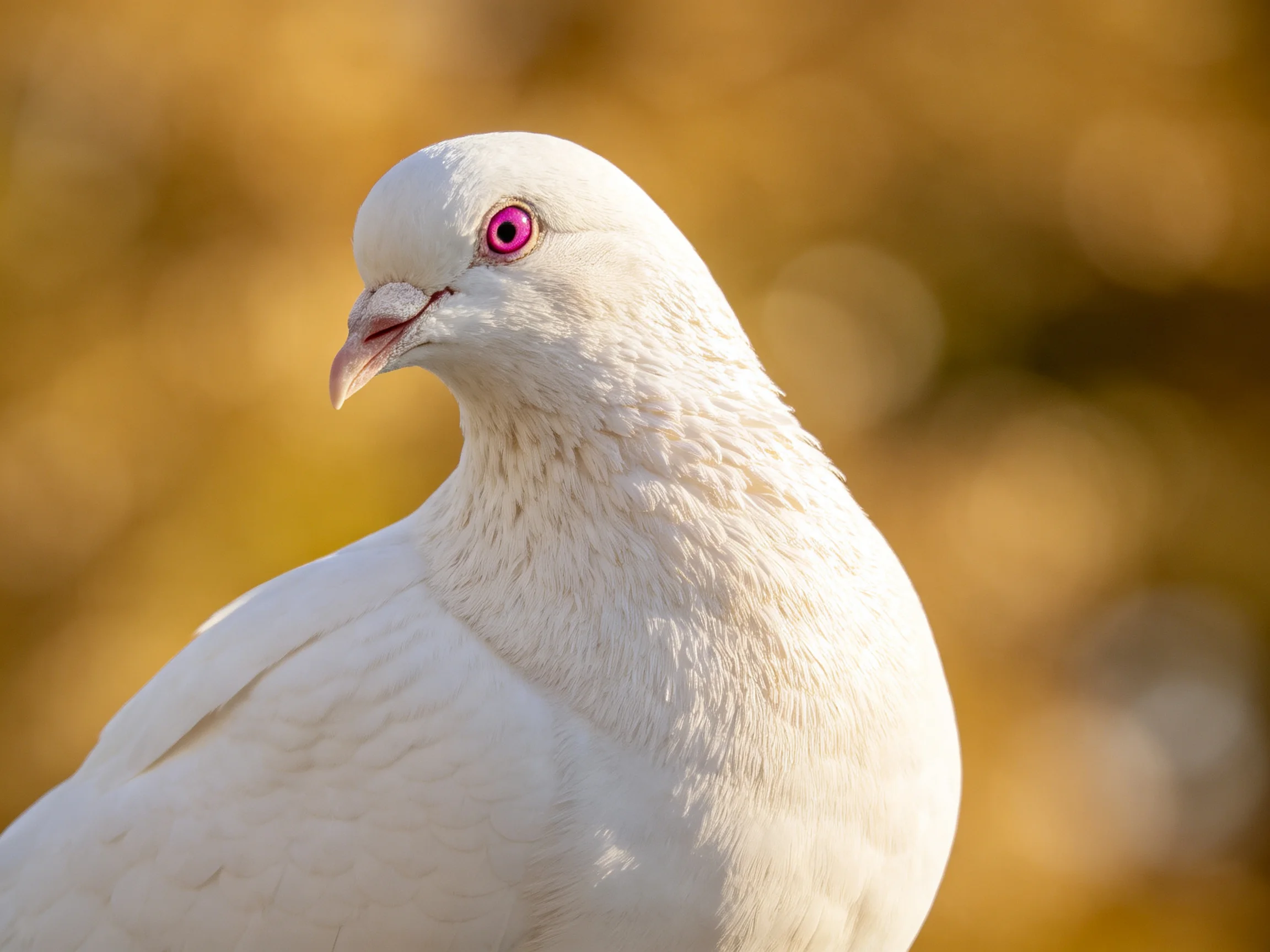 A close - up of a white pigeon with a pink eye and soft plumage