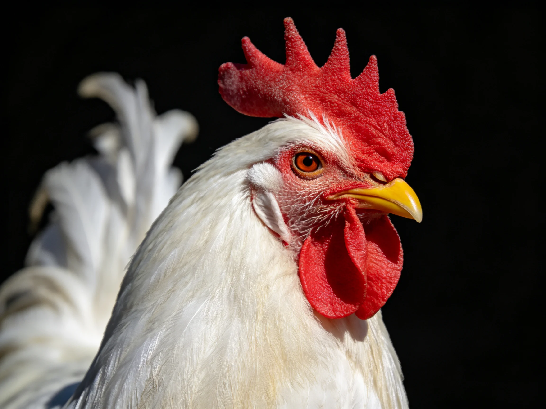 A close-up showcases a white rooster with vivid red facial features against a dark backdrop.