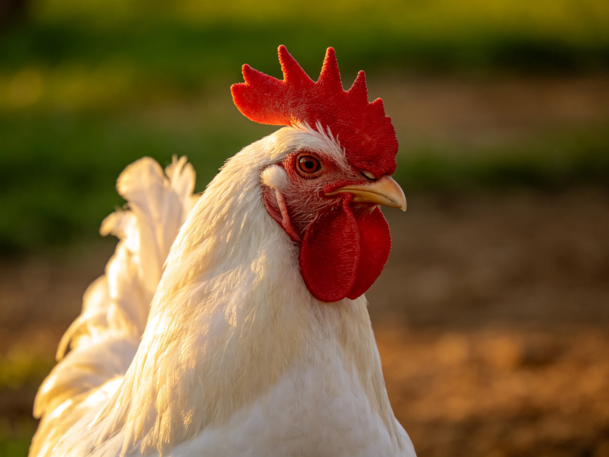 A close - up of a white rooster with vibrant red comb and wattles