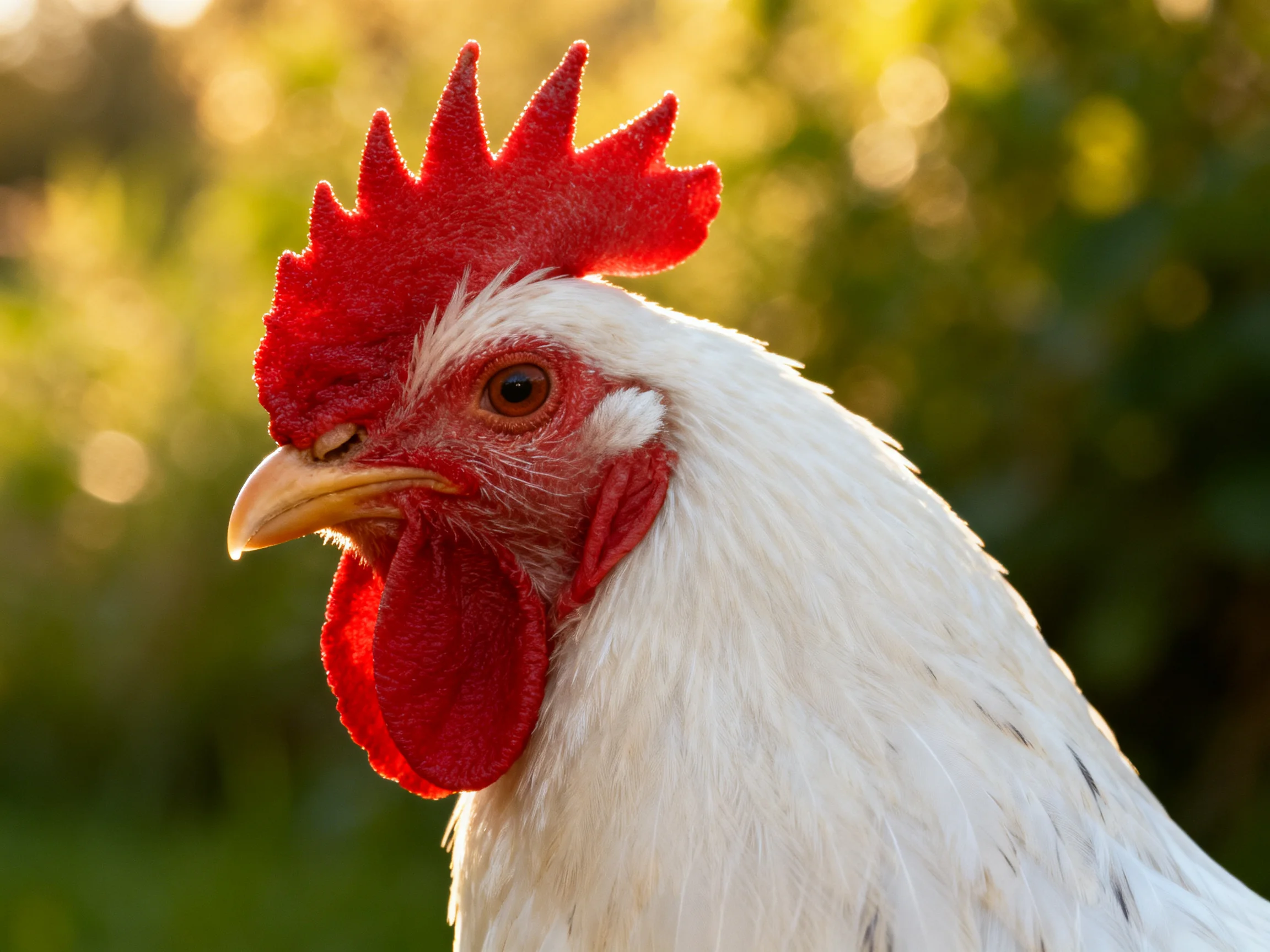 A close - up of a white rooster with vibrant red comb and wattles
