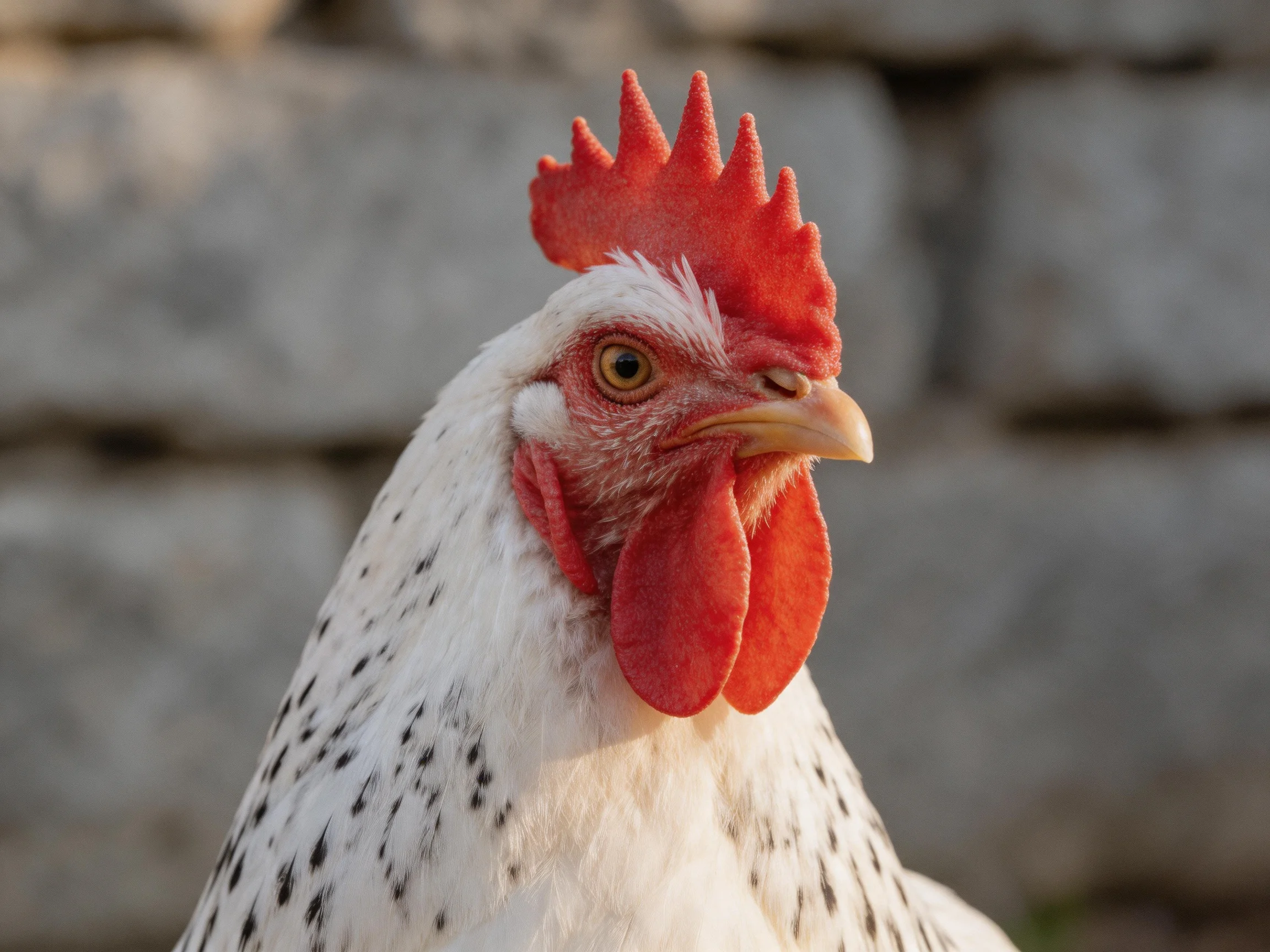 A close - up of a white speckled chicken with vibrant red comb