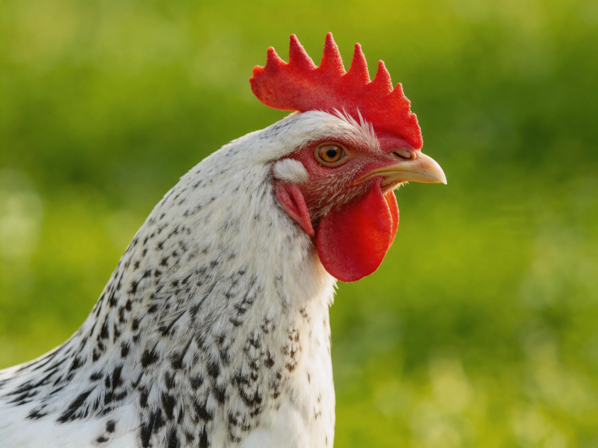 A close - up of a white - spotted chicken with bright red comb and wattles