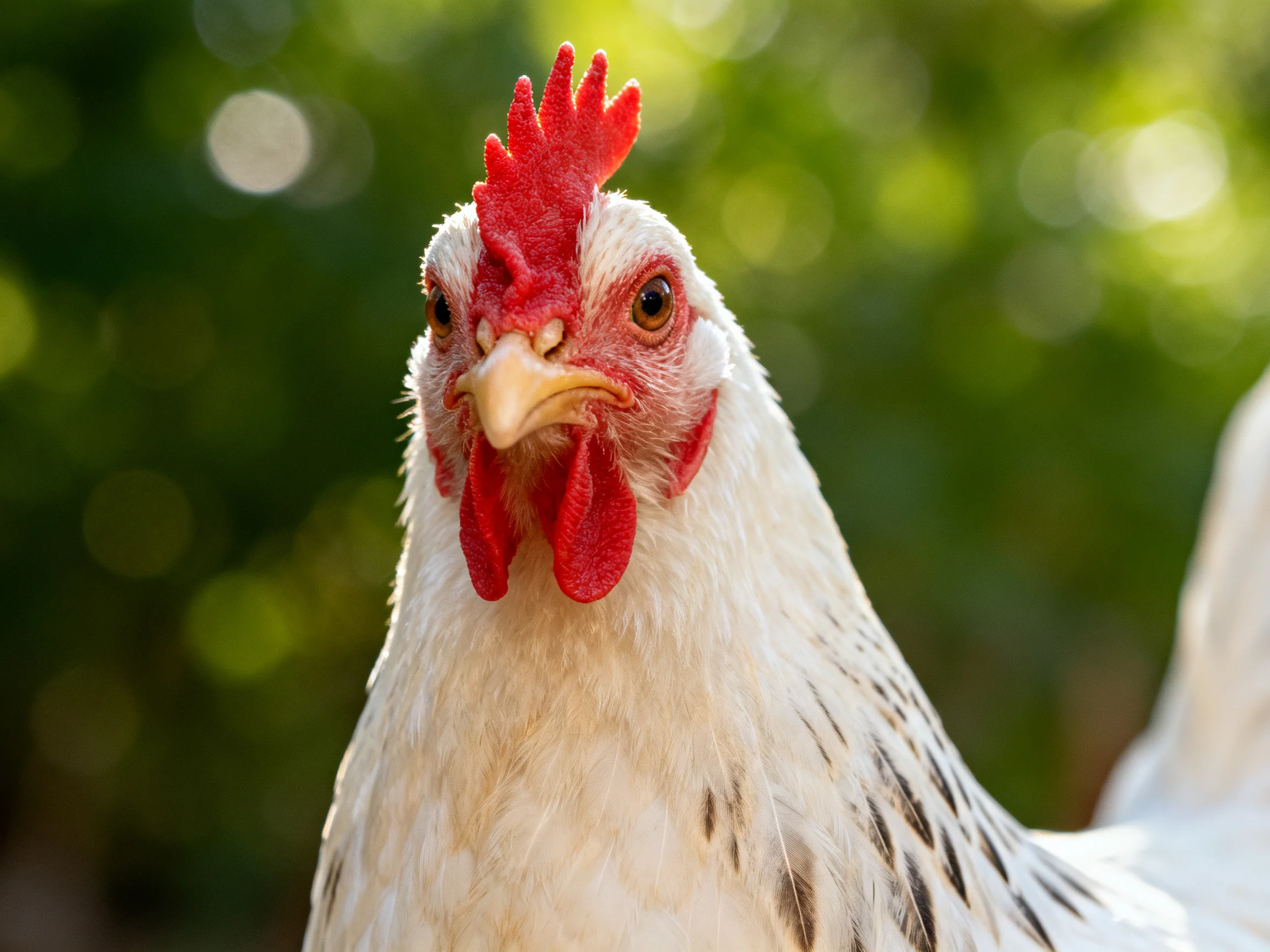 A close-up of a white-spotted chicken with red comb and wattles