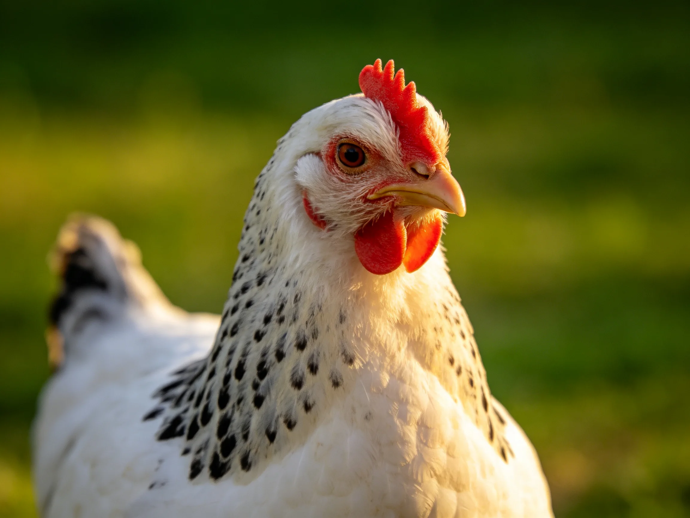 A close - up shows a chicken with white feathers and red facial markings.