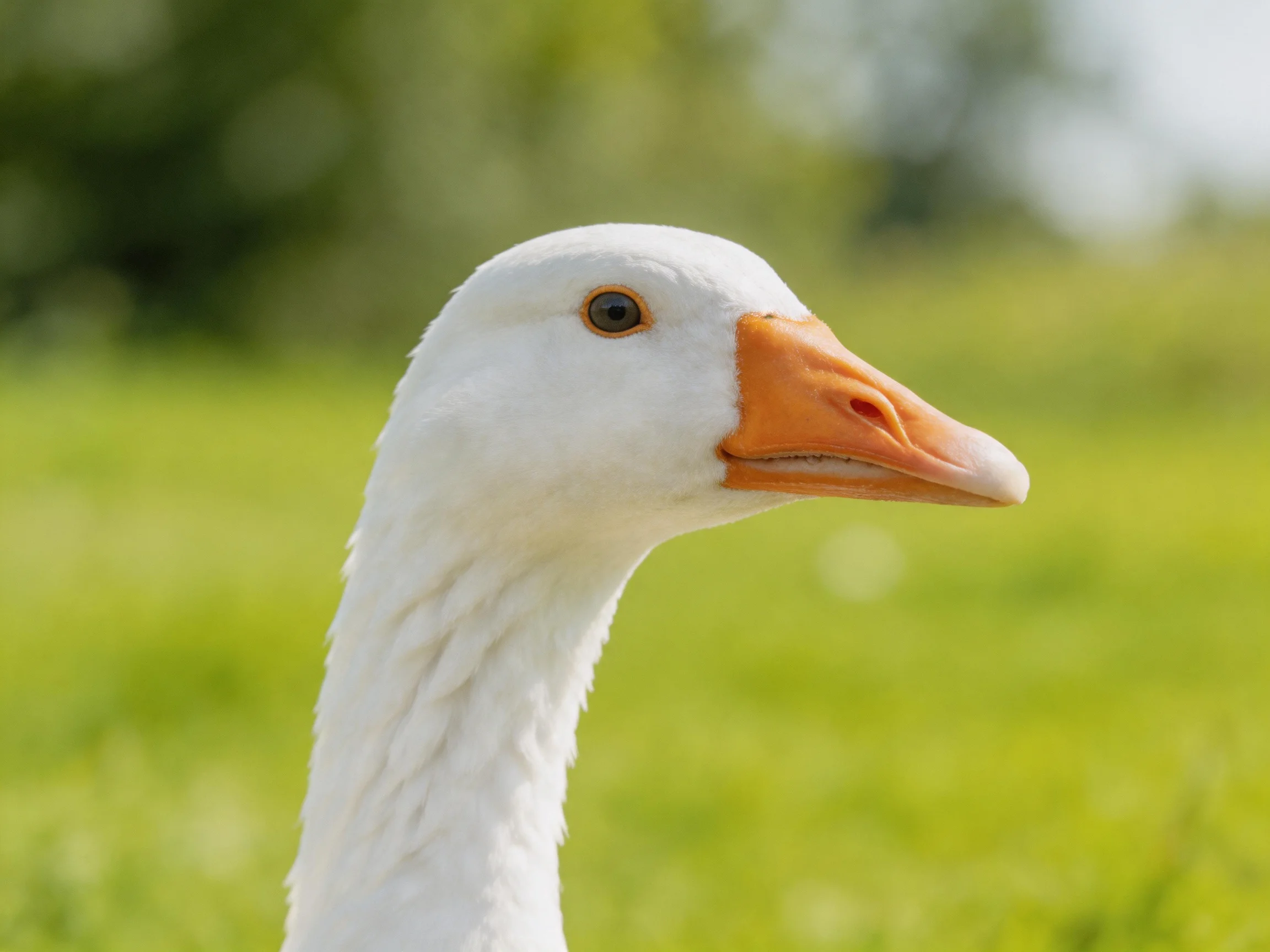 A white goose with an orange beak is featured prominently in a green outdoor area.
