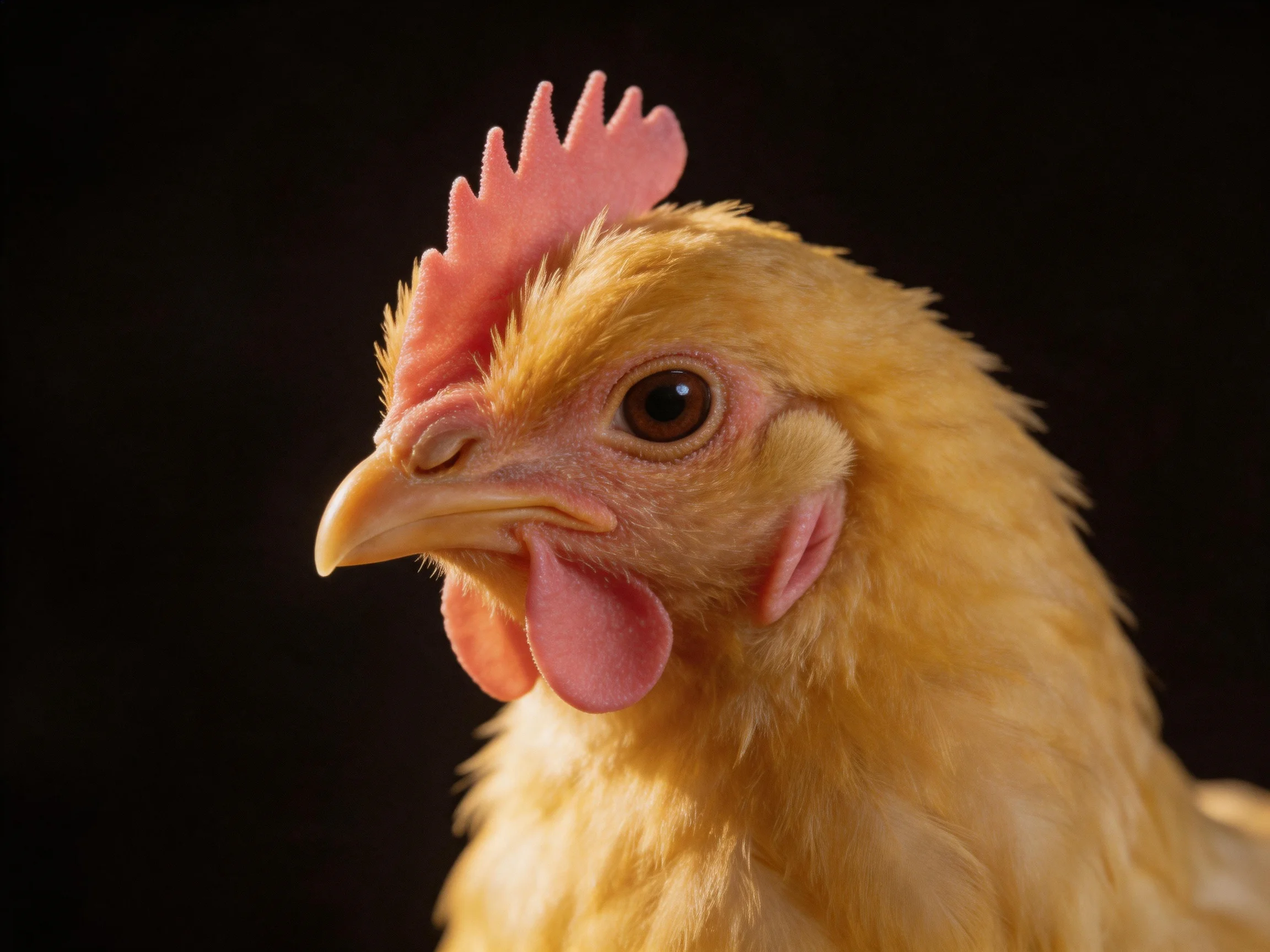 A close - up of a yellow chicken with a pink comb against a black background