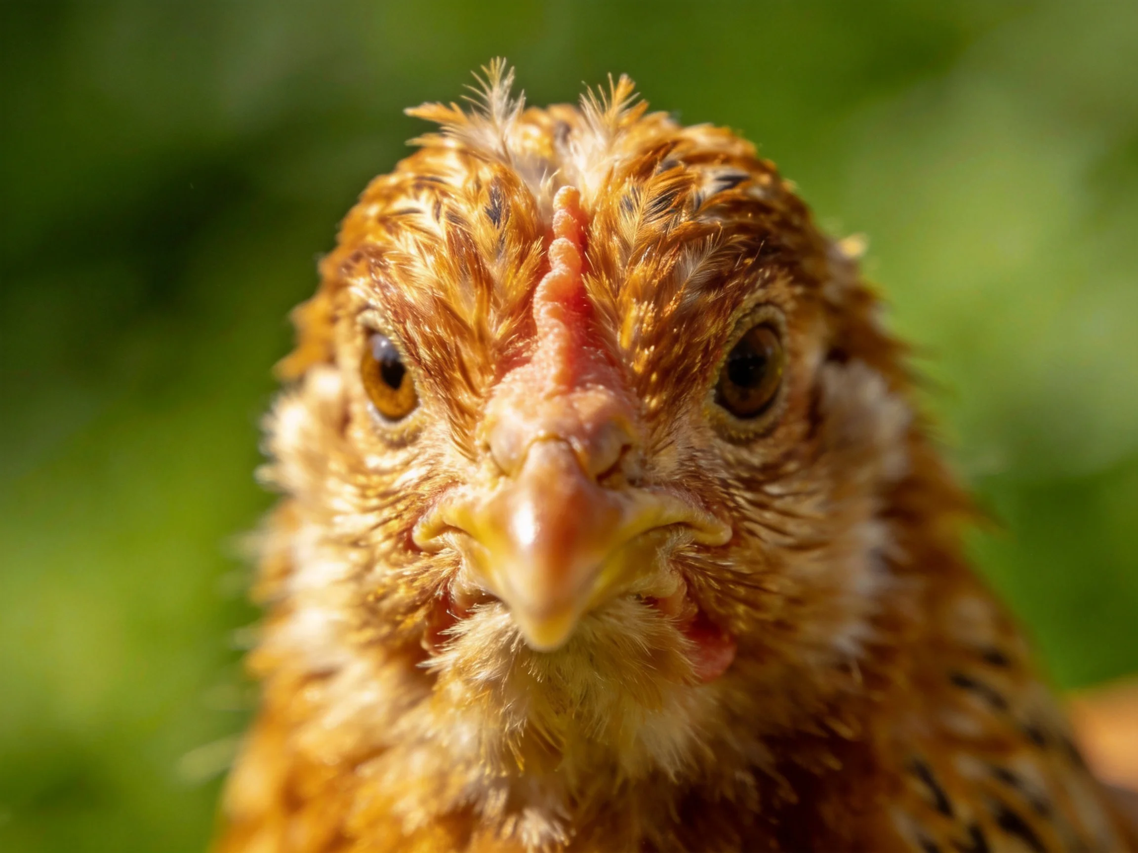 A close - up portrait of a reddish - brown chick with textured feathers and bright eyes