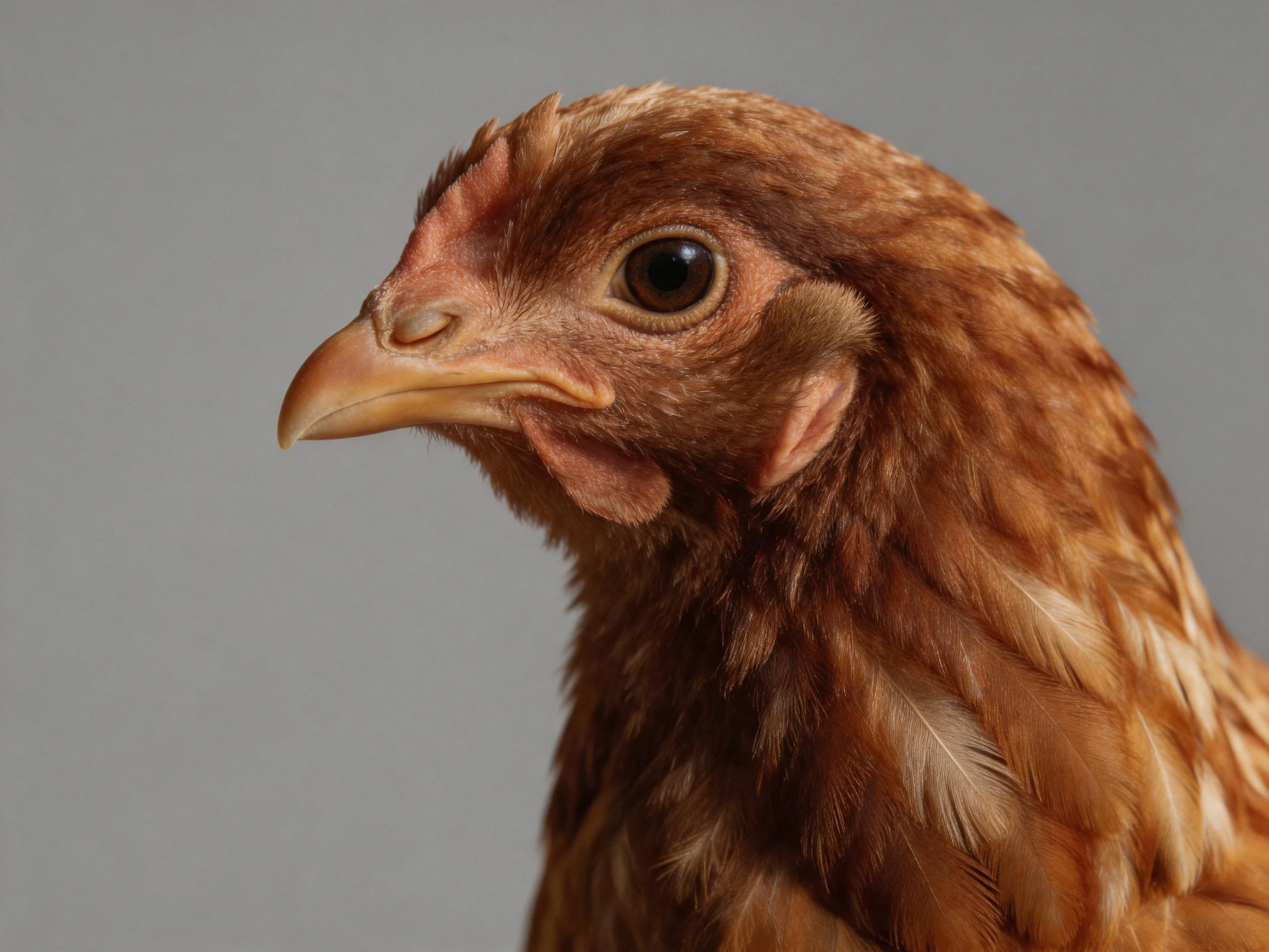 A close - up portrait of a reddish - brown chicken with textured plumage