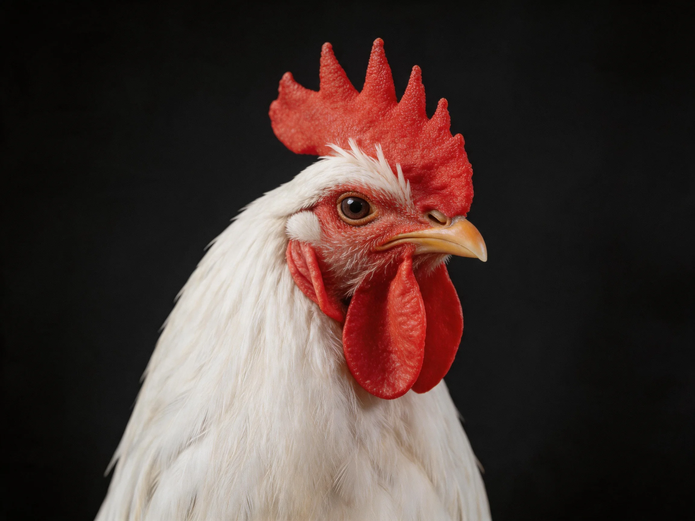 A close-up portrait of a white-feathered rooster with bright red comb and wattles