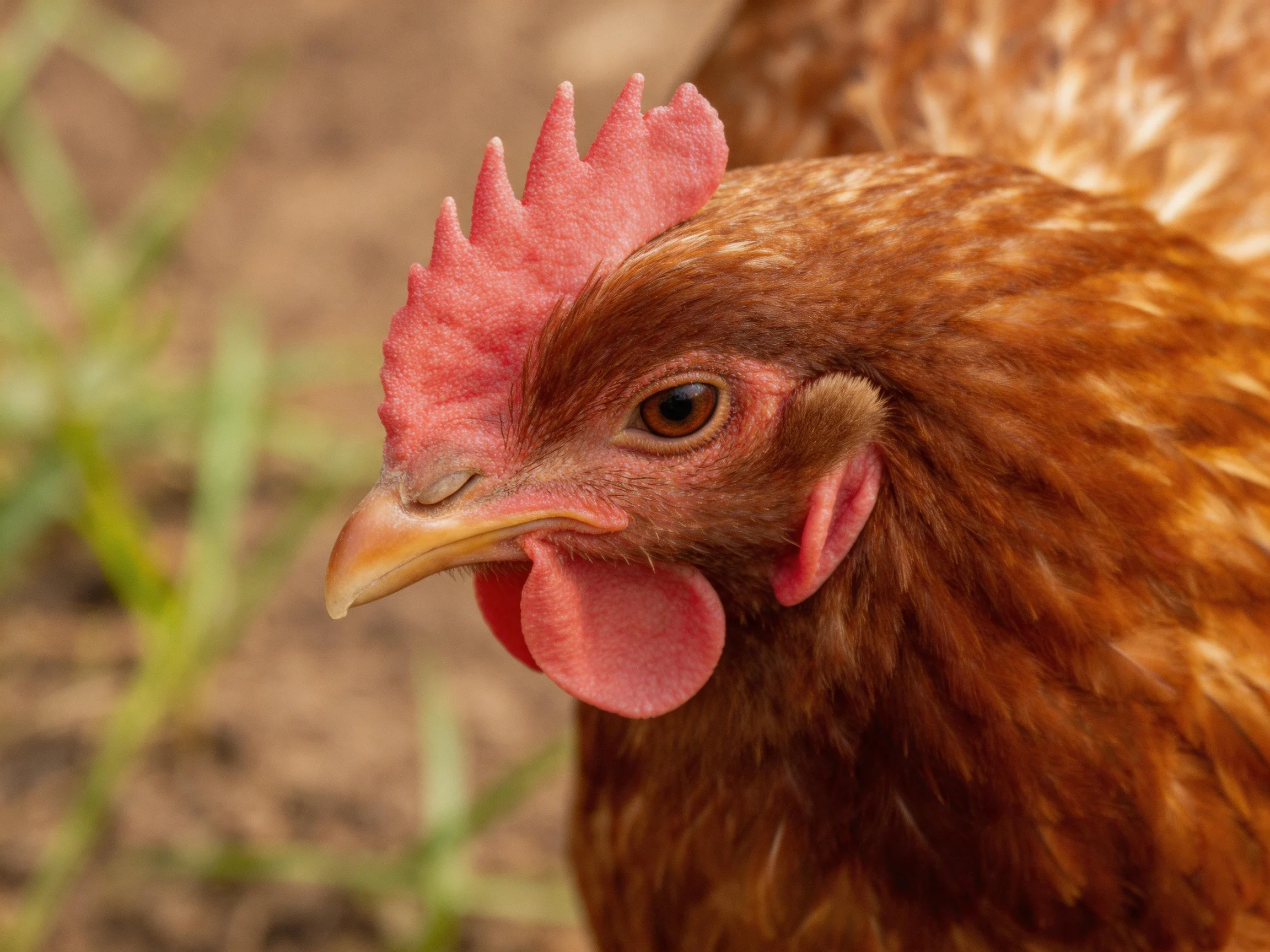 A close - up view of a brown hen with vibrant pink comb and wattles