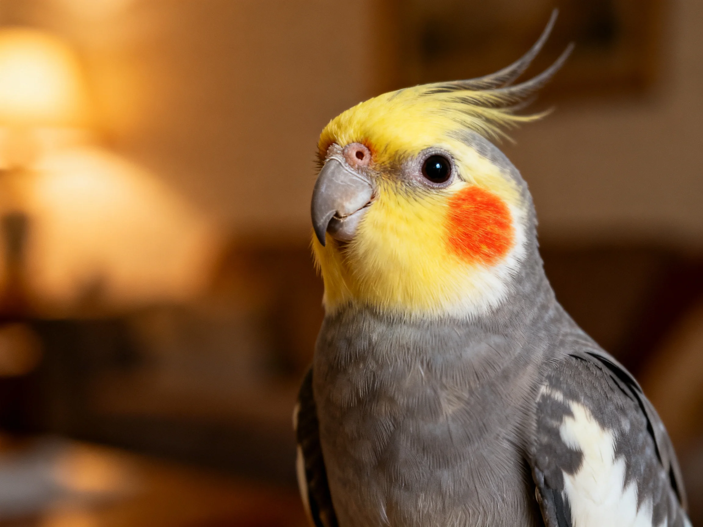A cockatiel with yellow crest, orange cheek, and gray body