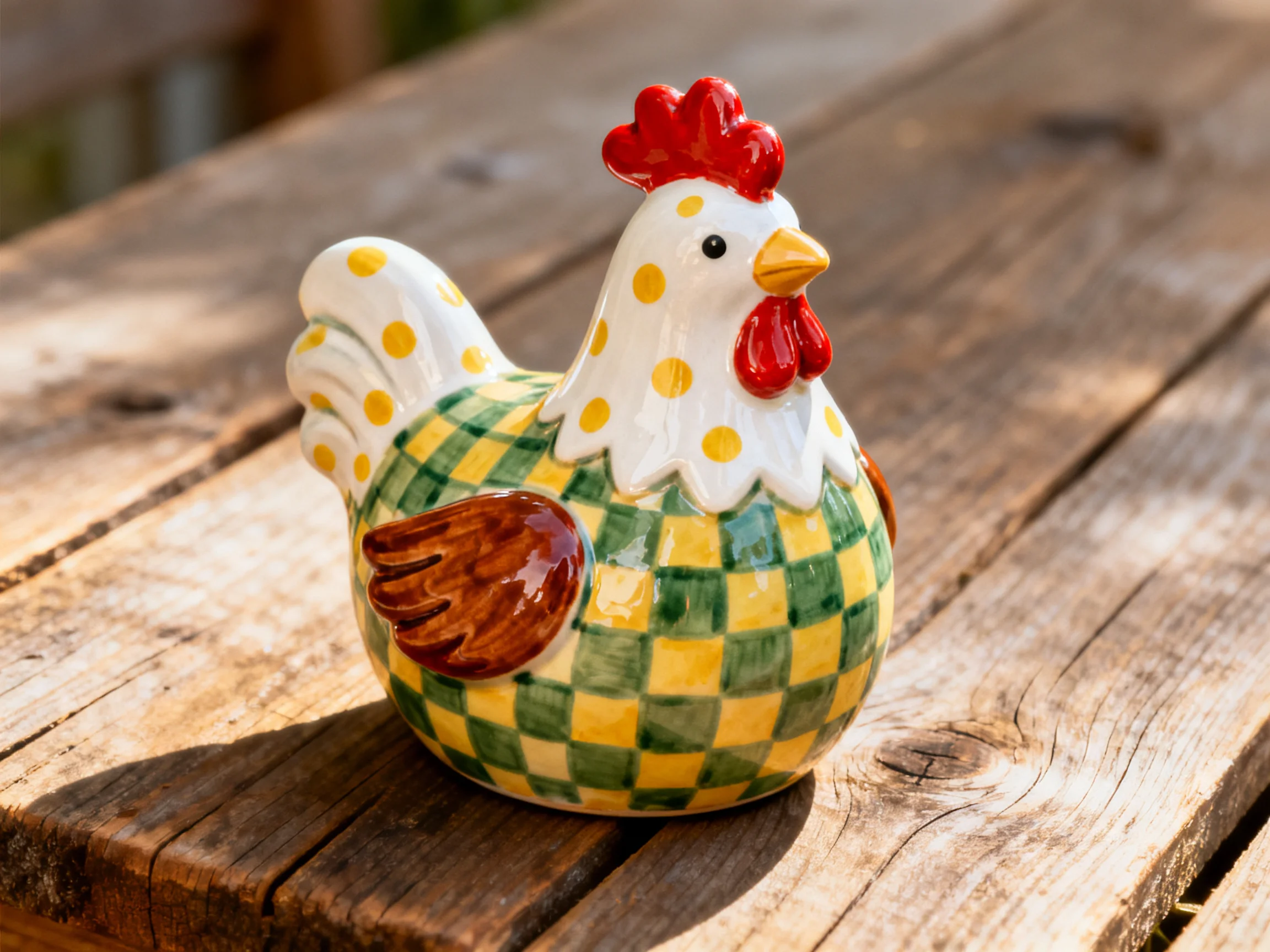 A colorful ceramic rooster figurine with yellow polka dots and green-yellow checkered body