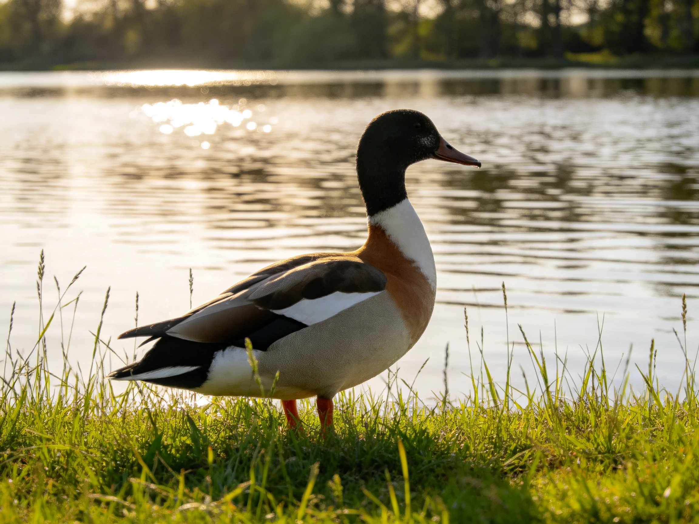 A colorful duck stands on lush green grass by a calm lake