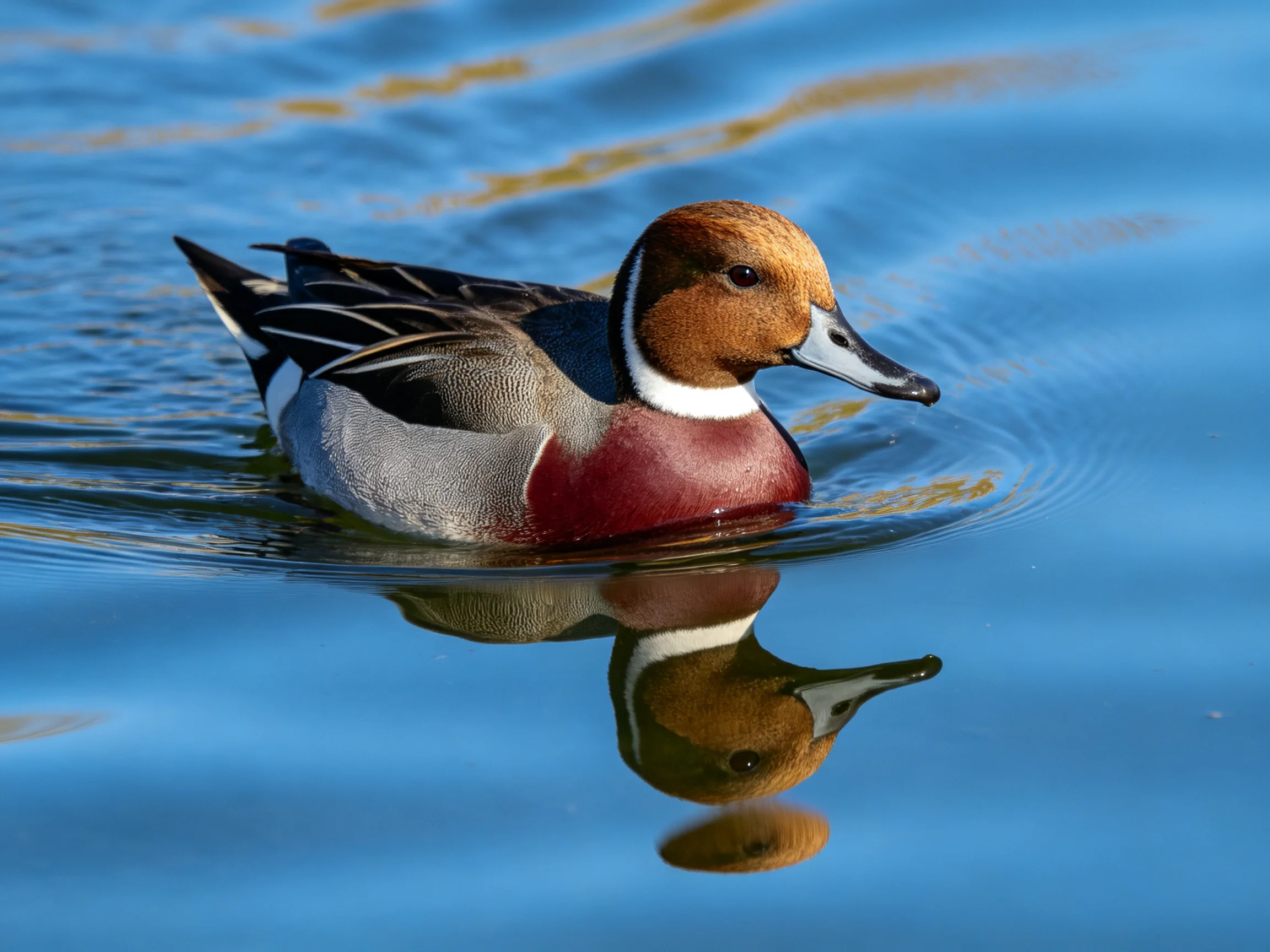 A colorful duck with brown head, white neck band, and red chest swims inclear blue water