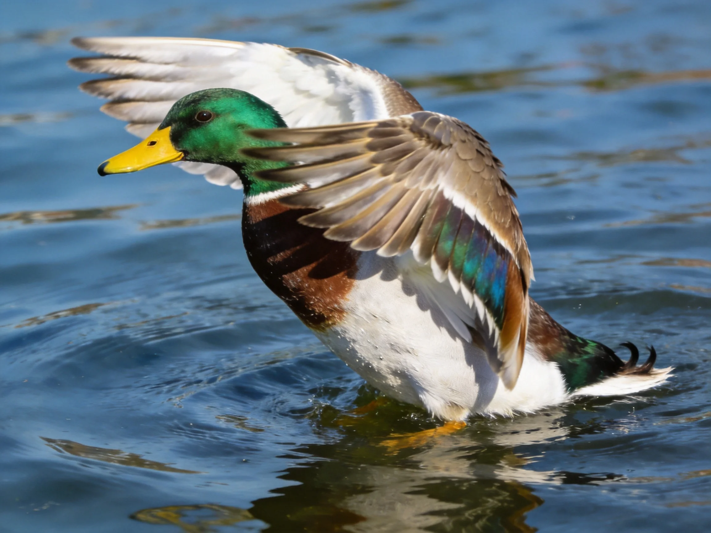 A colorful male mallard duck spreading wings in clear blue water