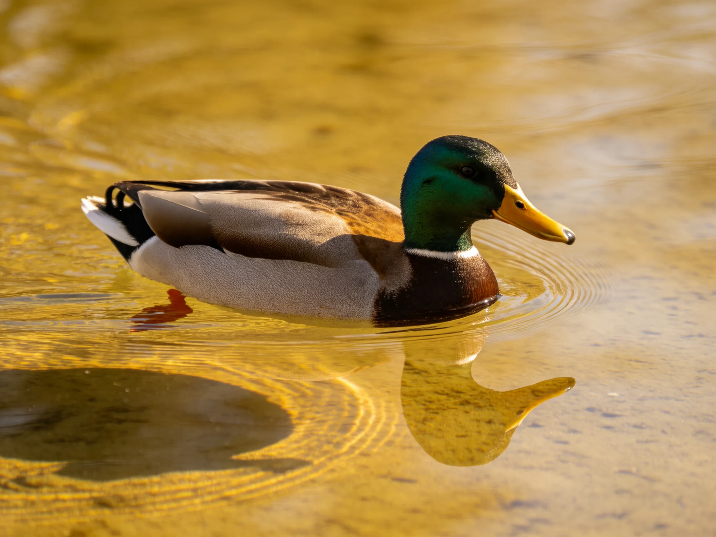 A colorful mallard duck glides through shimmering golden water