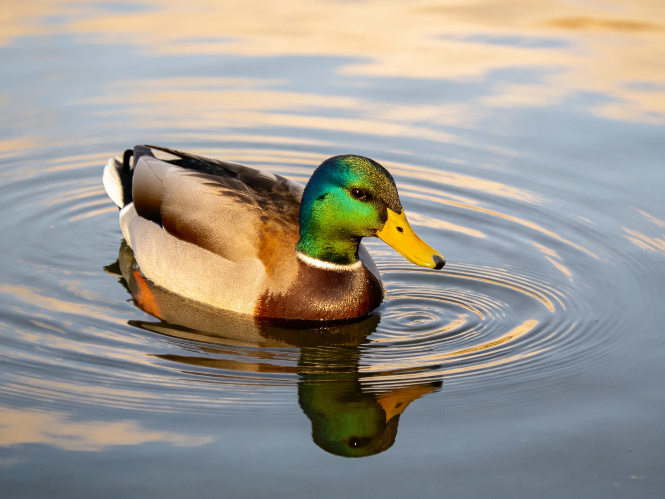 A colorful mallard duck gliding on rippling water