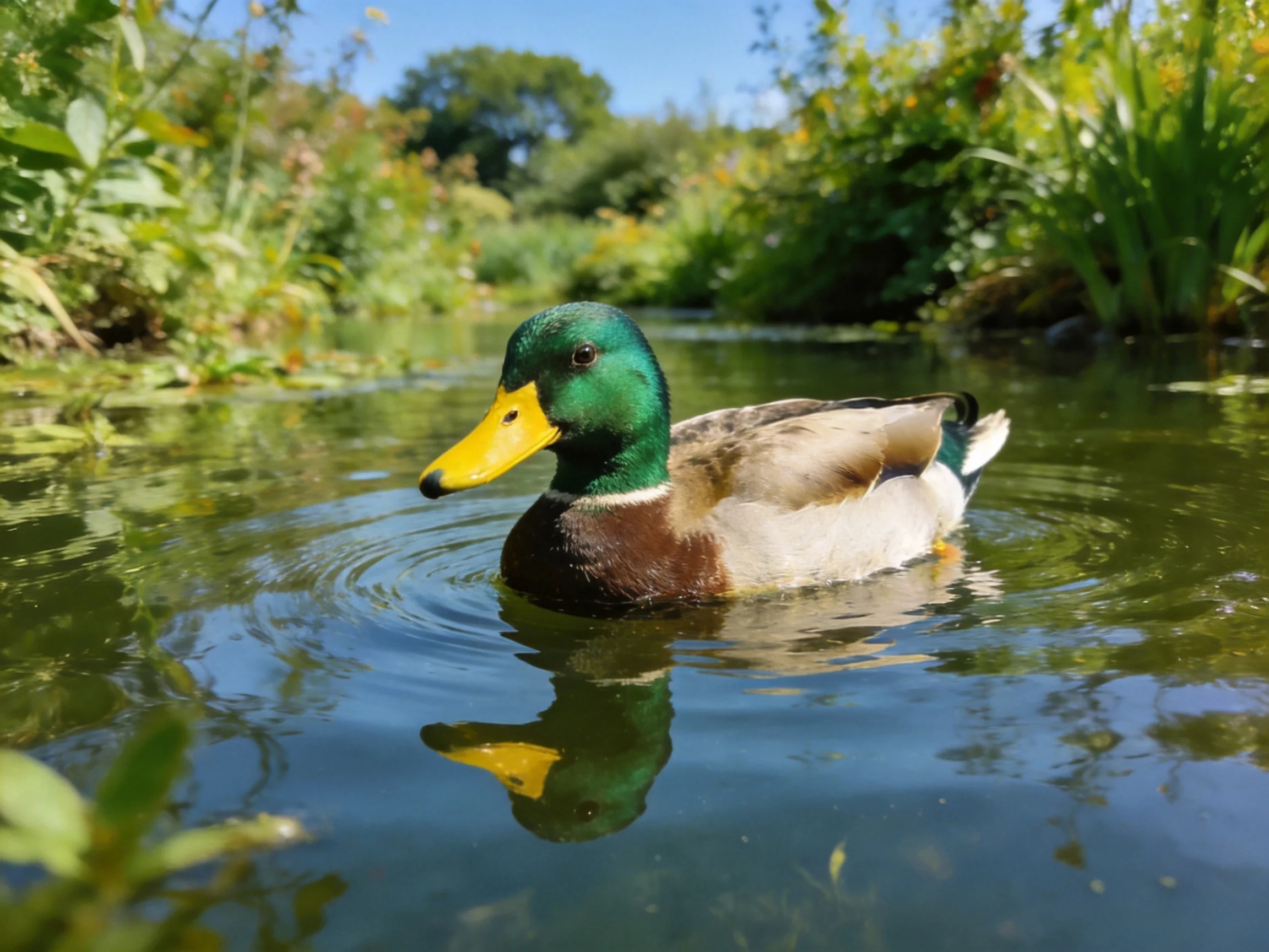 A colorful mallard duck gliding through clear, reflective water near dense greenery