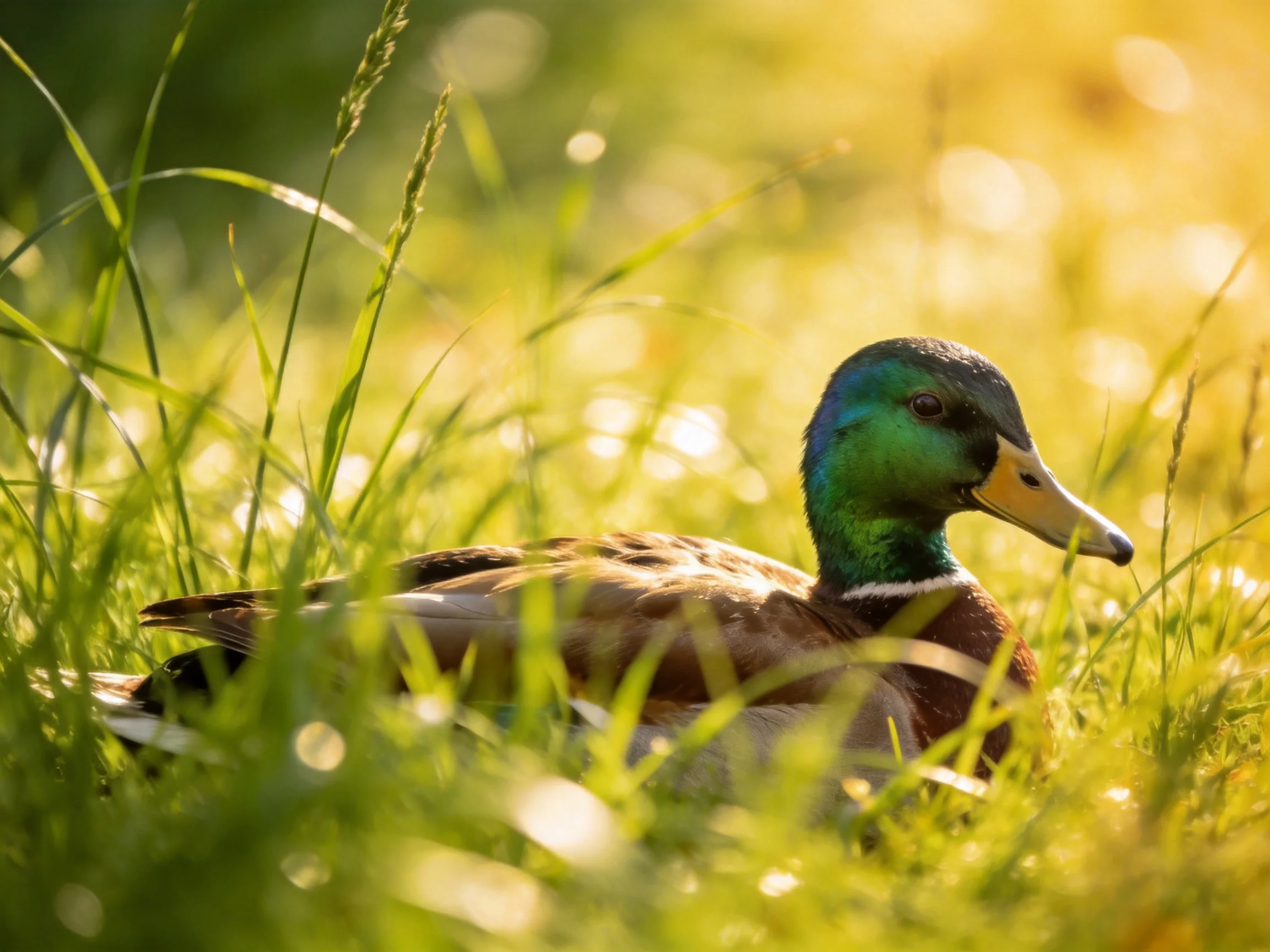 A colorful mallard duck nestled in golden-green grass