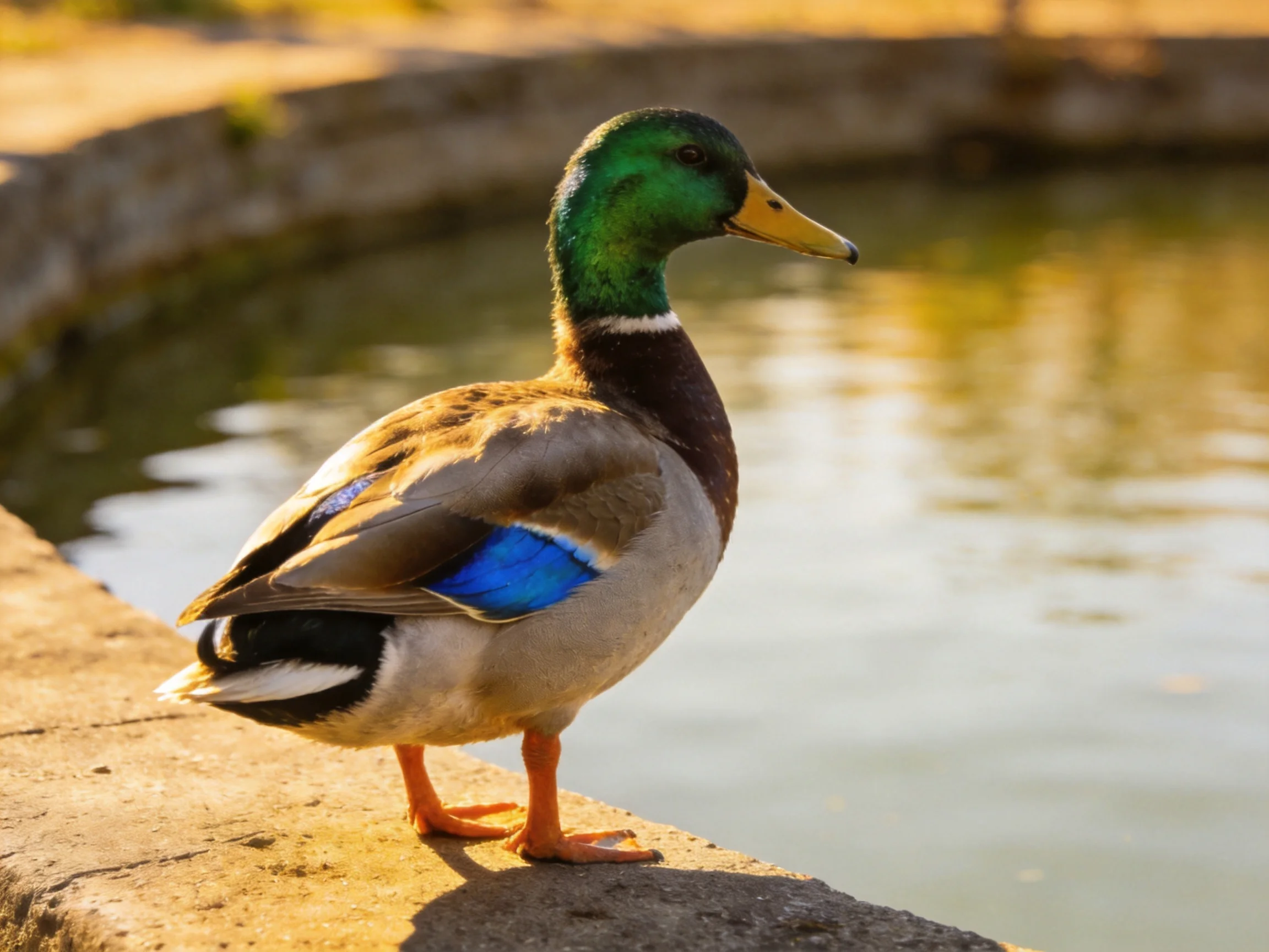 A colorful mallard duck perched on a stone ledge by tranquil water