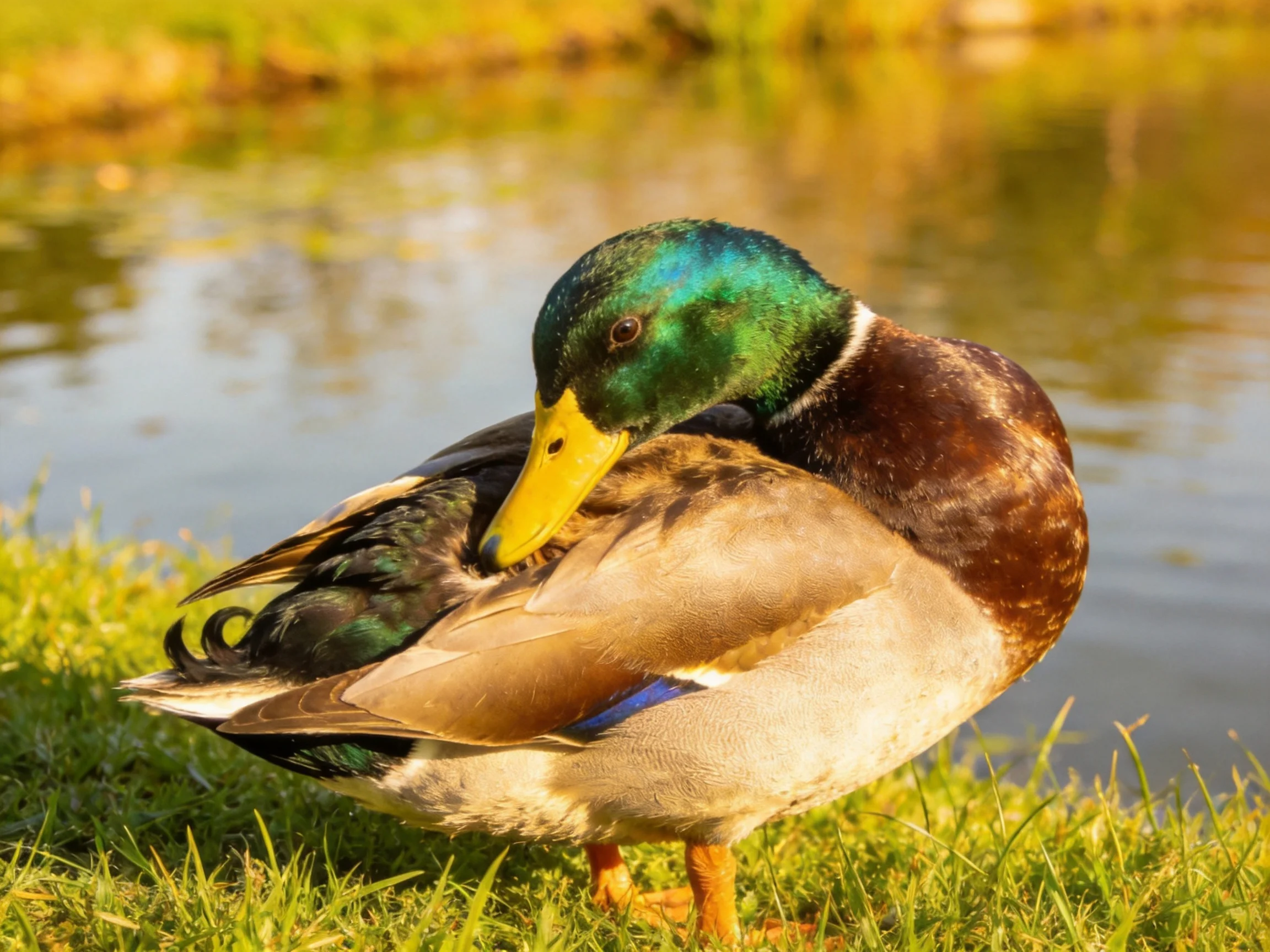 A colorful mallard duck preening by calm water and green grass