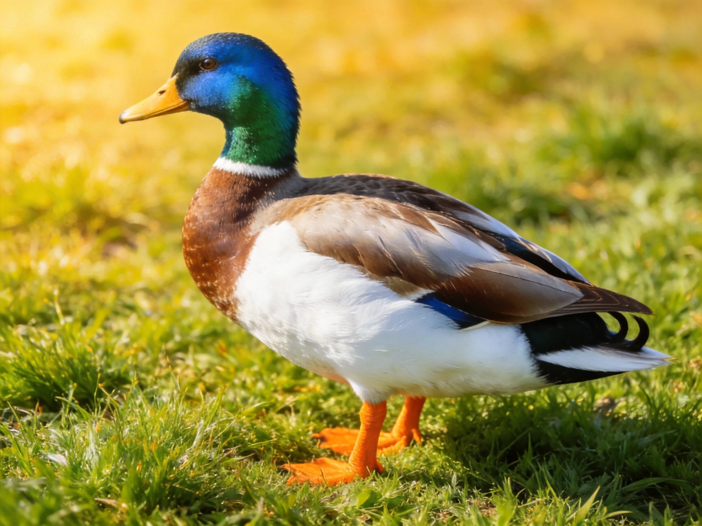 A male mallard duck with vibrant plumage stands on green grass.