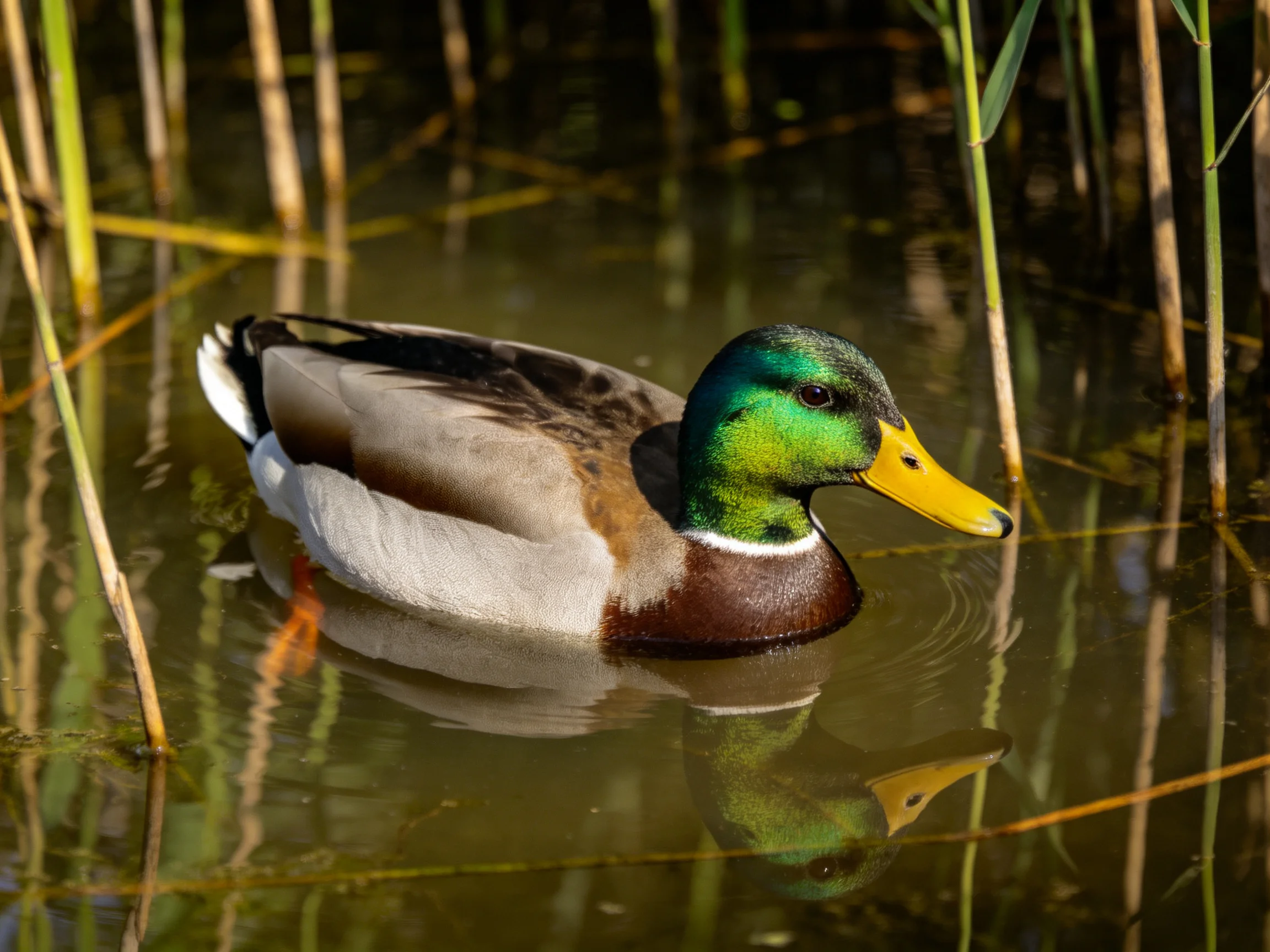 A colorful mallard duck swims among tall reeds in calm water