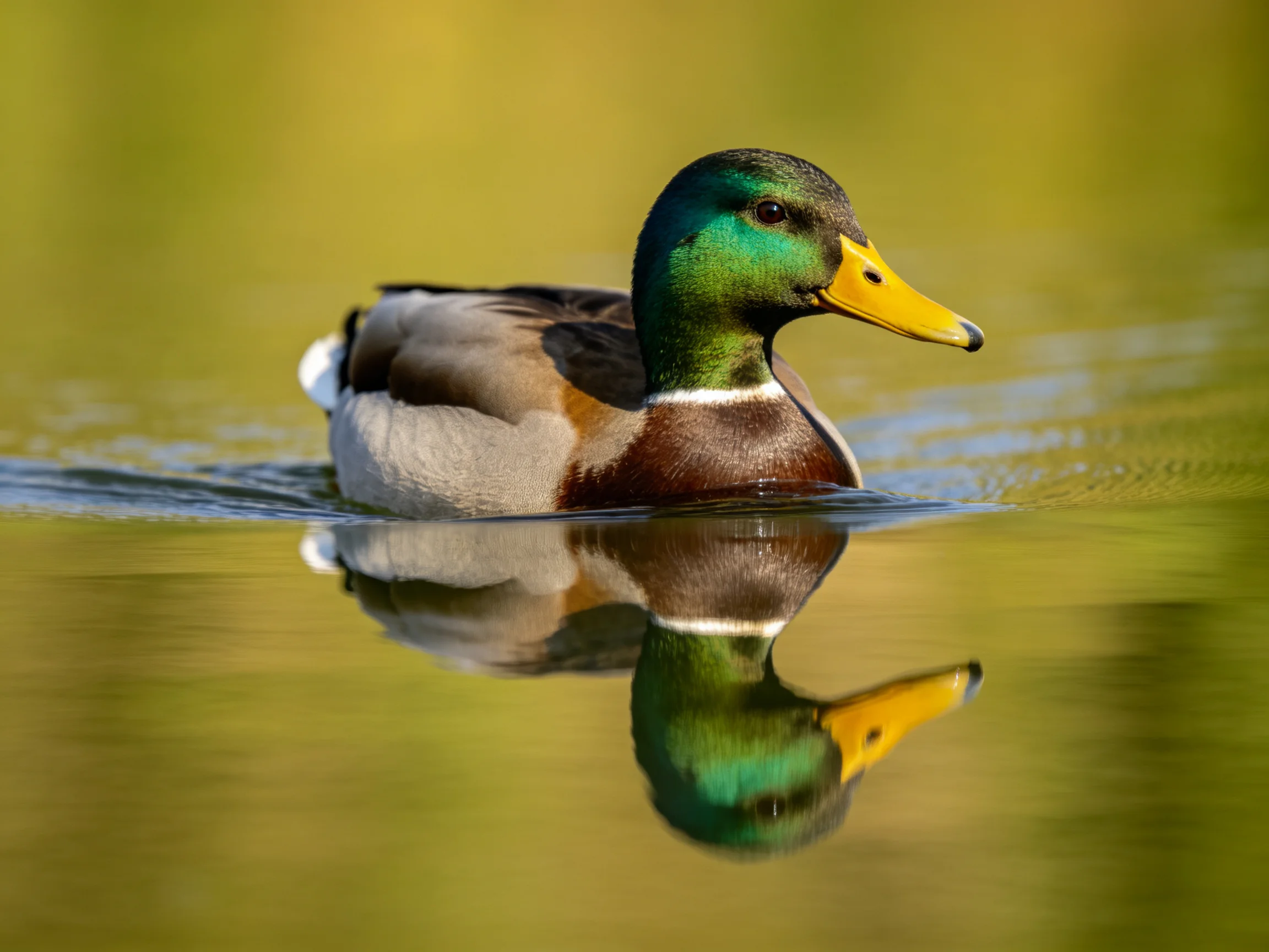 A colorful mallard duck swims in calm water with a clear reflection