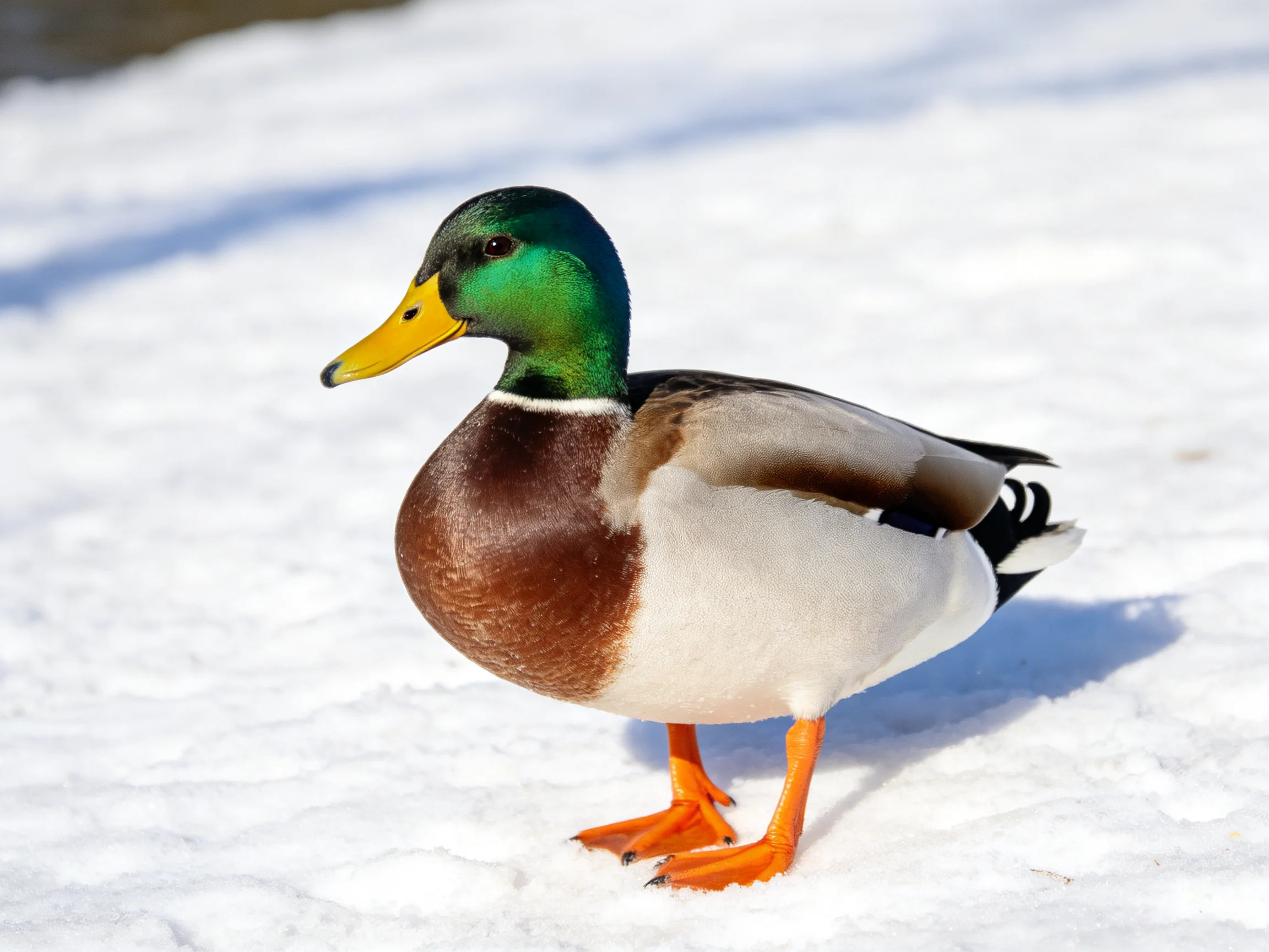 A colorful mallard duck with green head and yellow beak on snowy ground