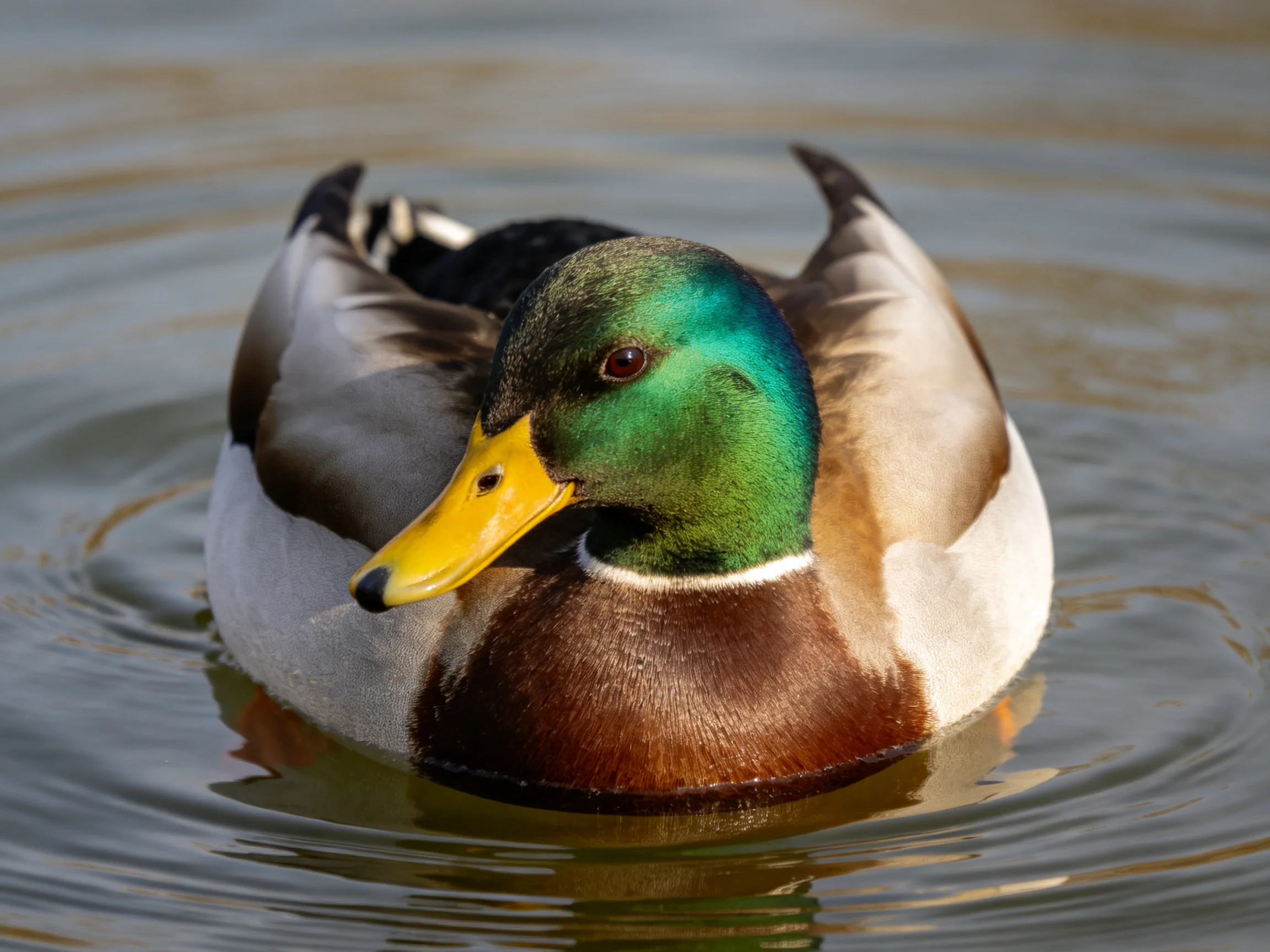 A colorful mallard duck with green head swims in calm water