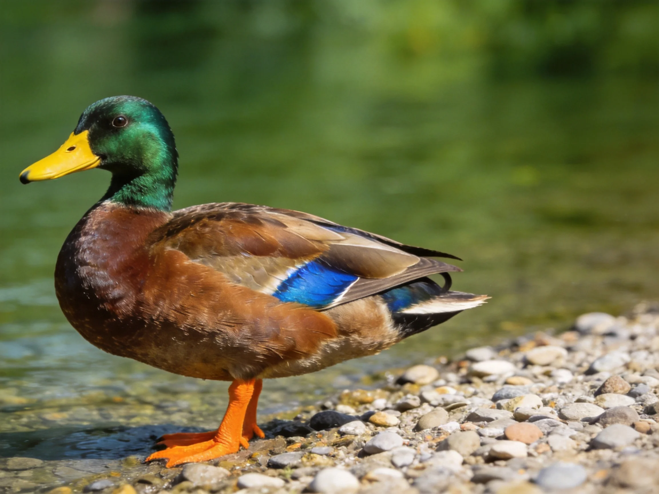 A colorful mallard duck with green head, yellow beak, standing on a pebbly shore