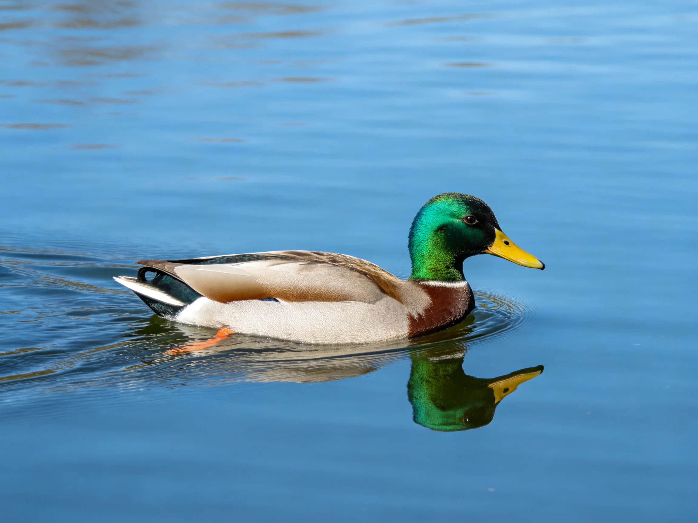 A colorful mallard duck with green head, yellow bill, and brown chest swims on clear blue water