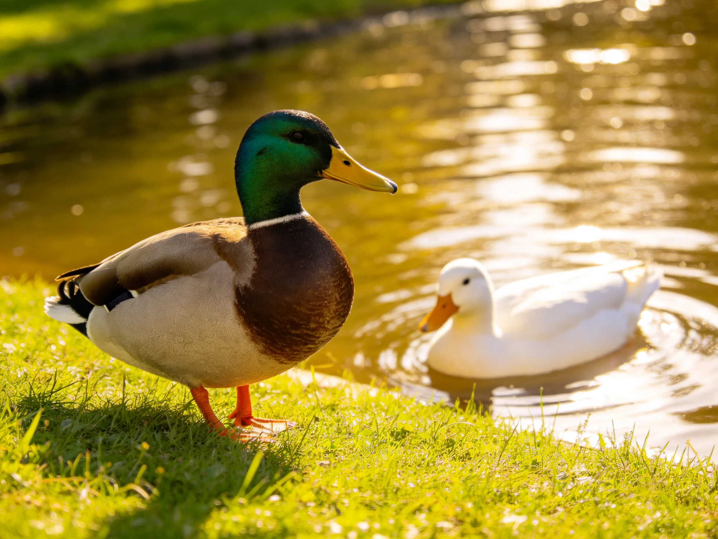 A colorful mallard stands on grass beside a swimming white duck by a sunlit pond