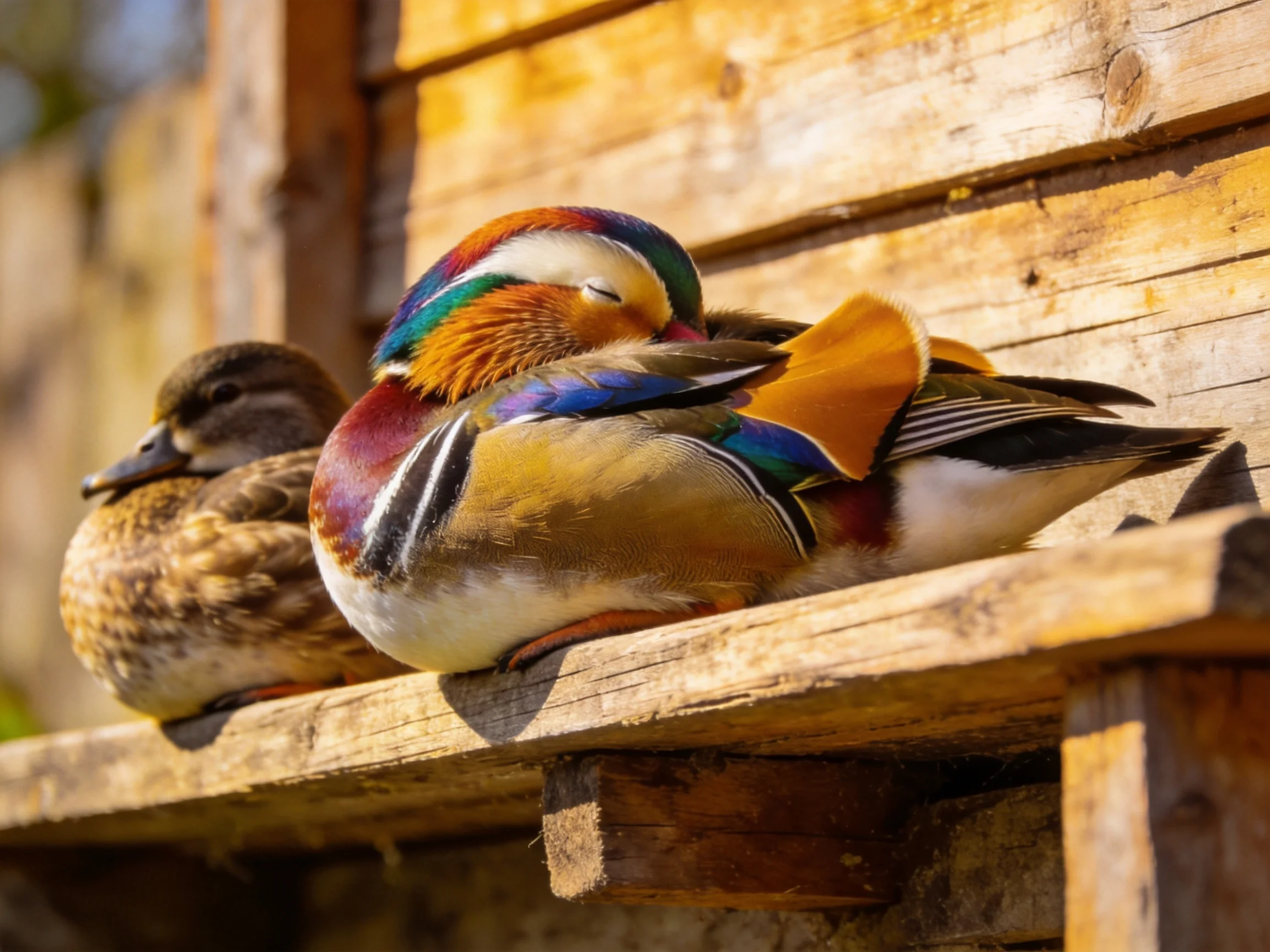 A colorful mandarin duck rests beside a brown duck on a weathered wooden ledge