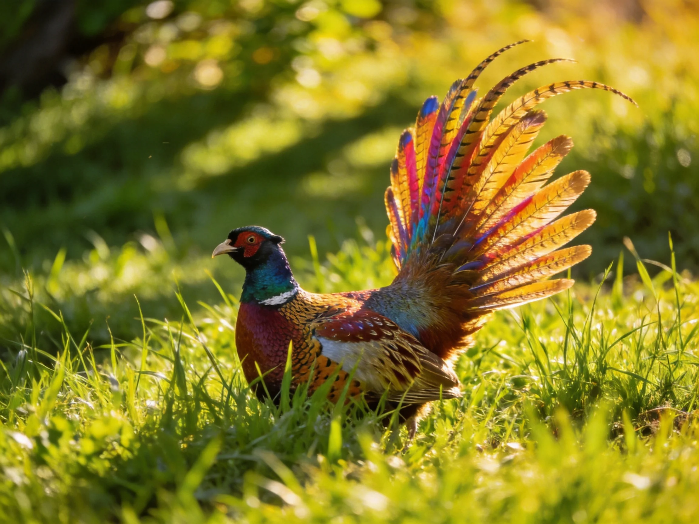 A colorful pheasant displays vibrant tail feathers in sun-drenched grass