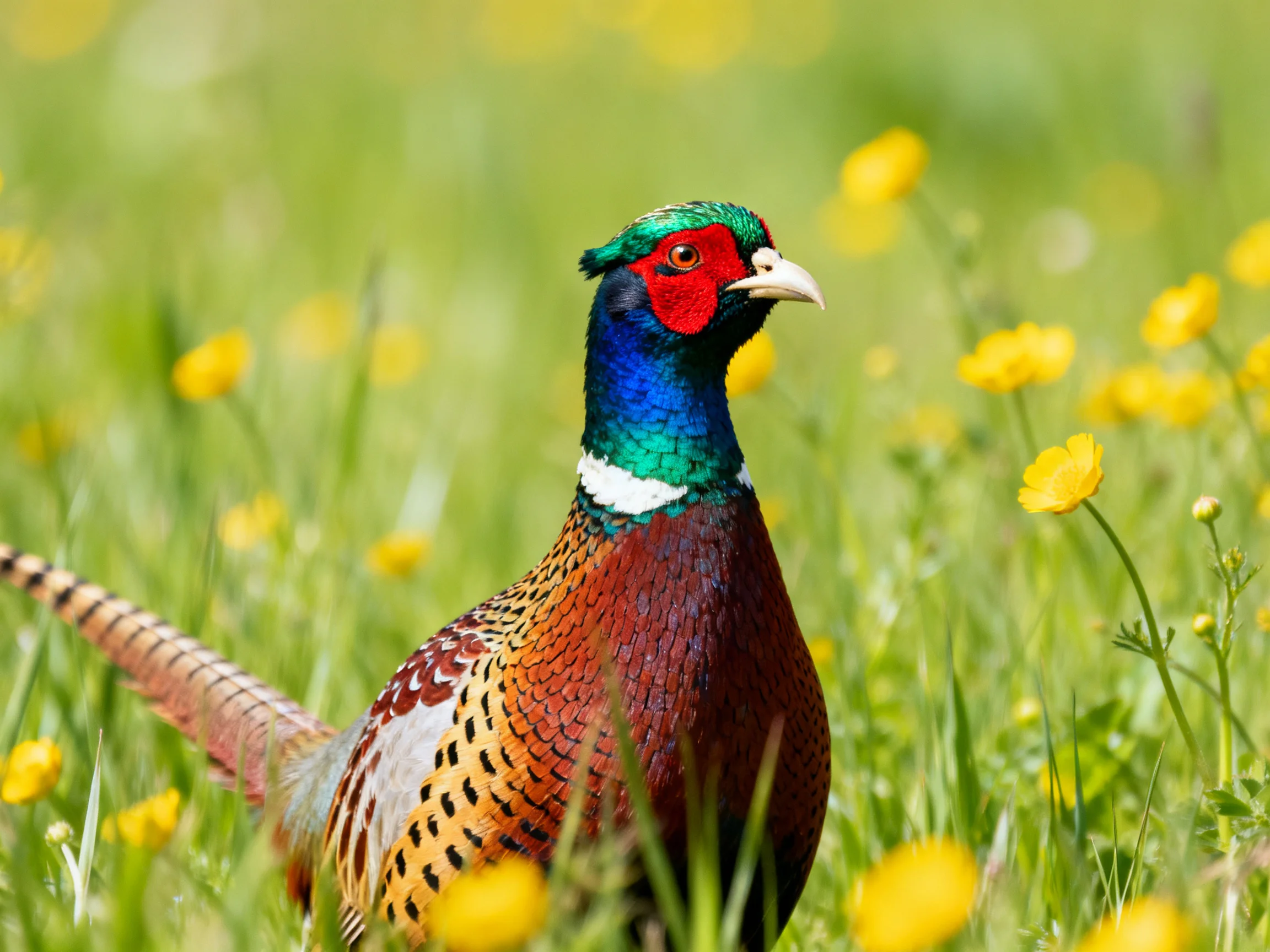 A colorful pheasant with green, red, and blue feathers among yellow wildflowers