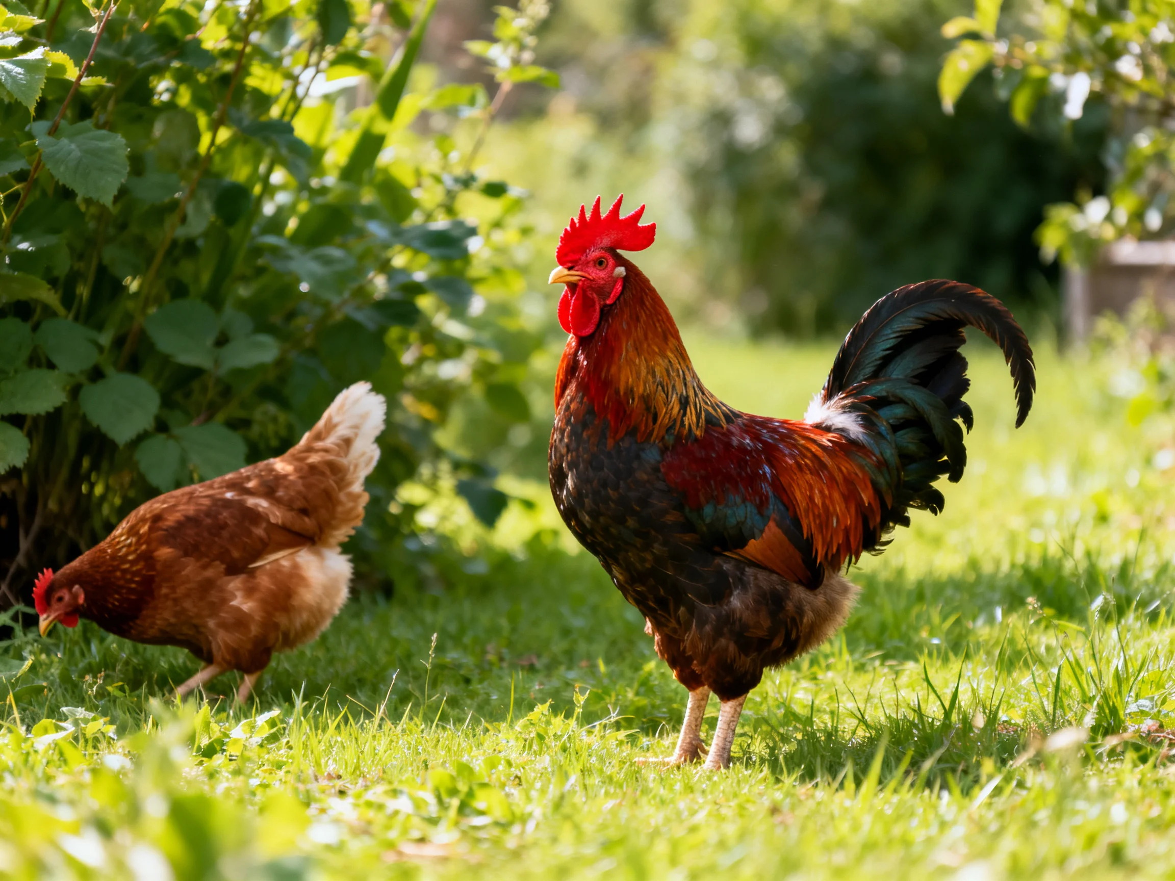 A rooster and hen move through a sunlit garden with dense foliage.