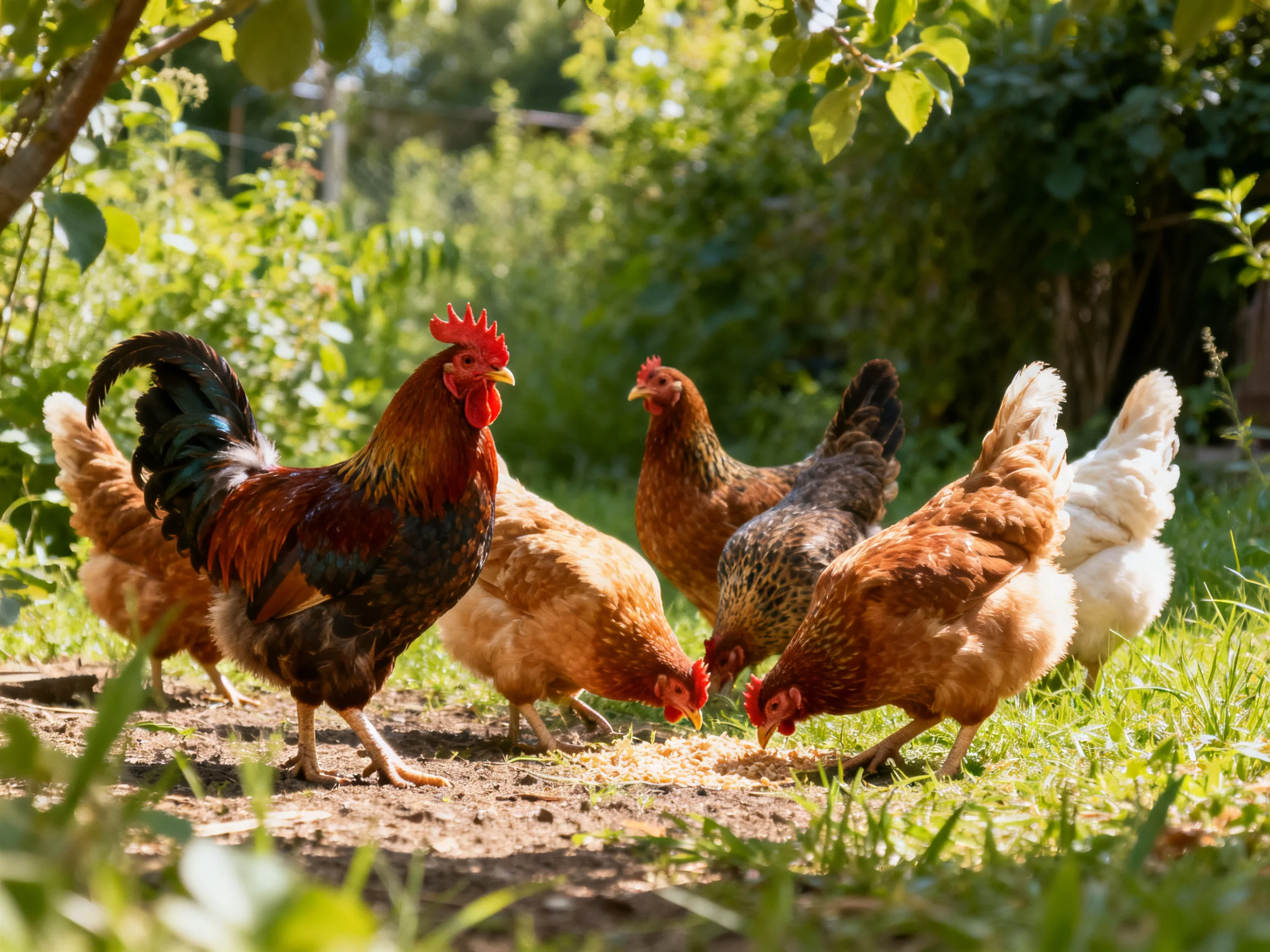 A colorful rooster and four hens foraging in a sunlit garden