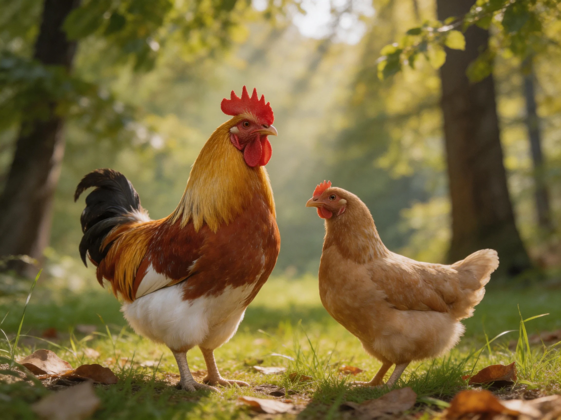 A colorful rooster and hen in a sun-dappled forest clearing