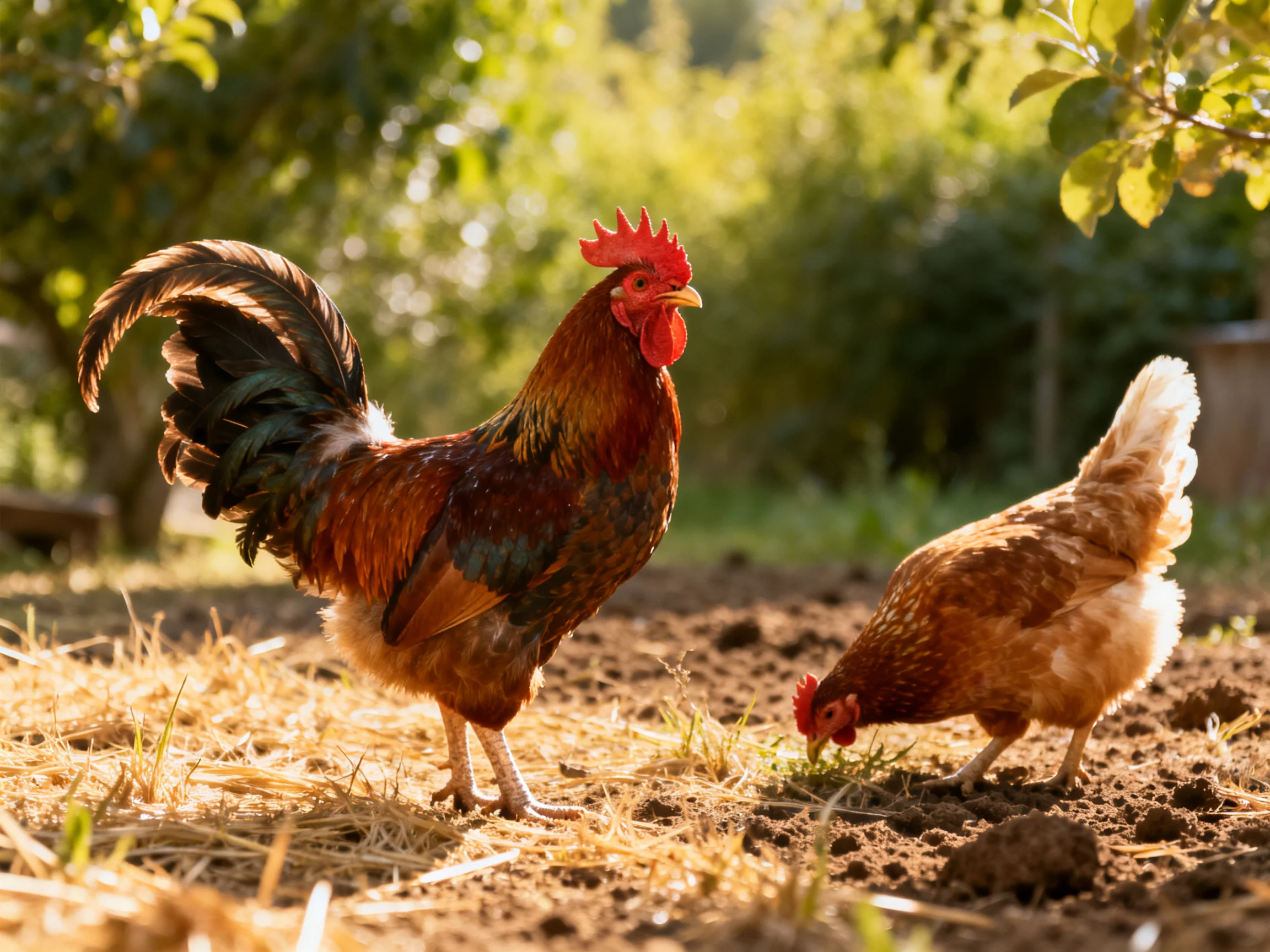 A colorful rooster and hen pecking in a sun-drenched farm area.